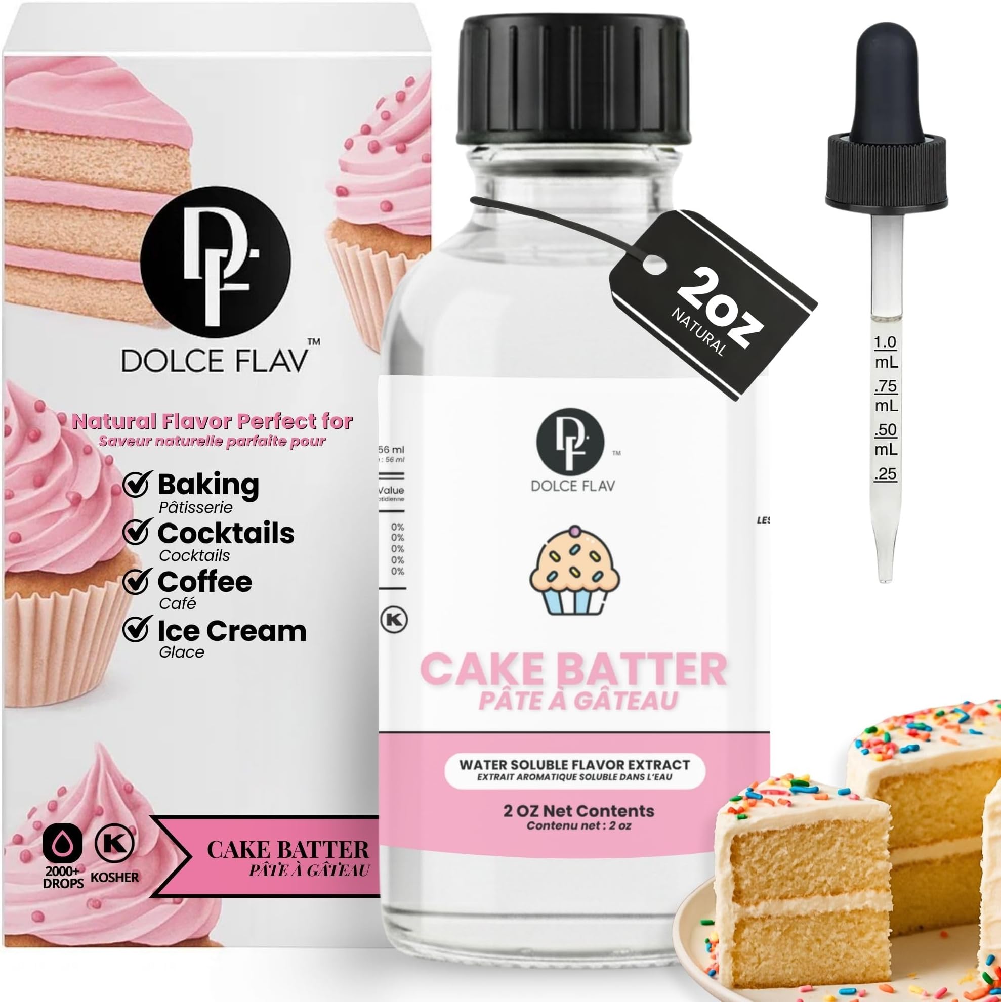 Dolce Flav Natural Cake Batter Extract – 2 Ounce Water-Soluble Kosher, Sugar-Free, Concentrated Birthday Cake Flavor for Frosting, Cupcakes & Ice Cream, Includes Measured Dropper