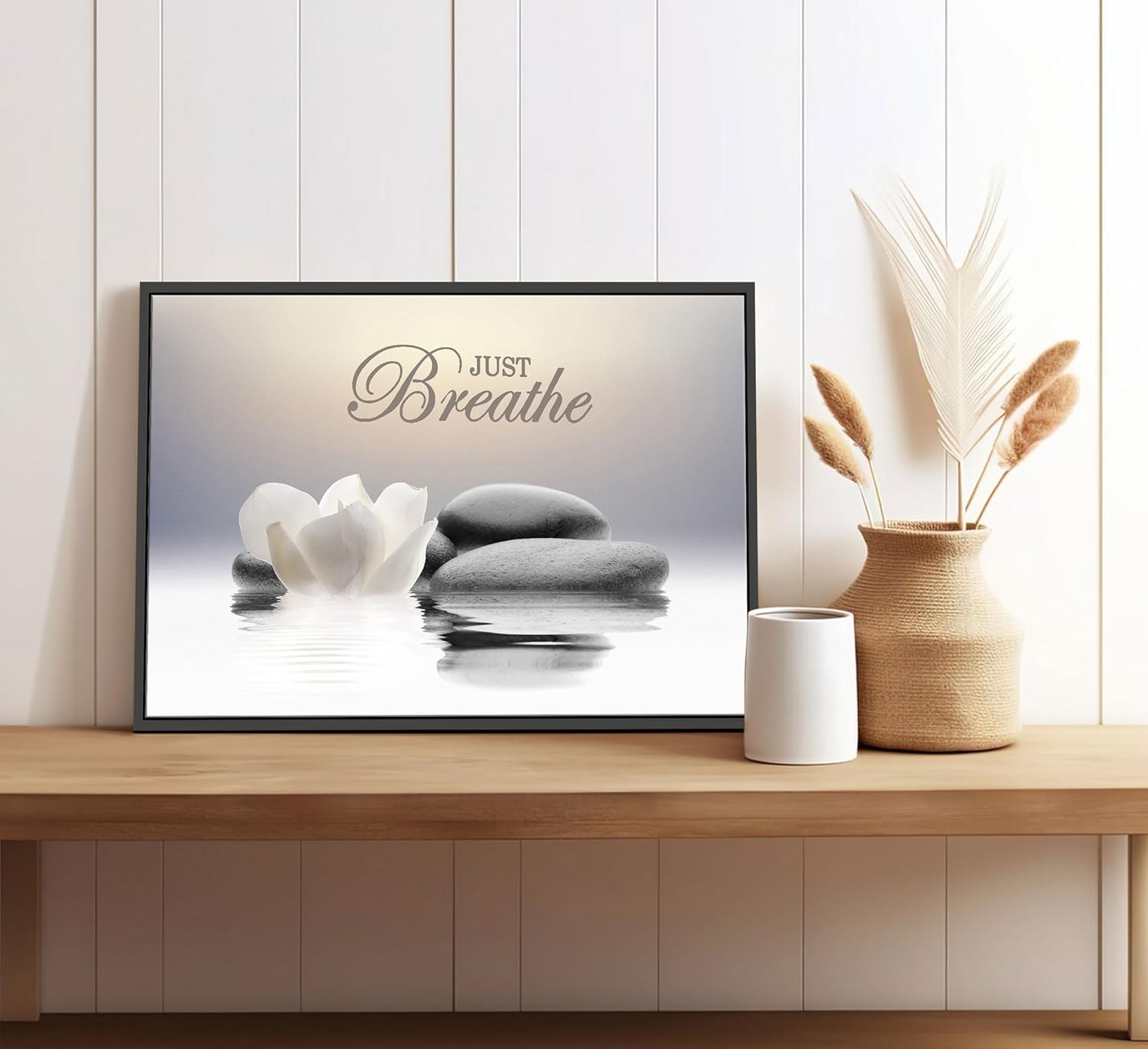 Framed Zen Stone Flower Wall Art White Lotus Just Breathe Yoga Quotes Picture Wall Decor Water Lily Stone Poster Print Artwork for Bathroom Yoga Room Spa Room Meditation Room Office Home Decoration