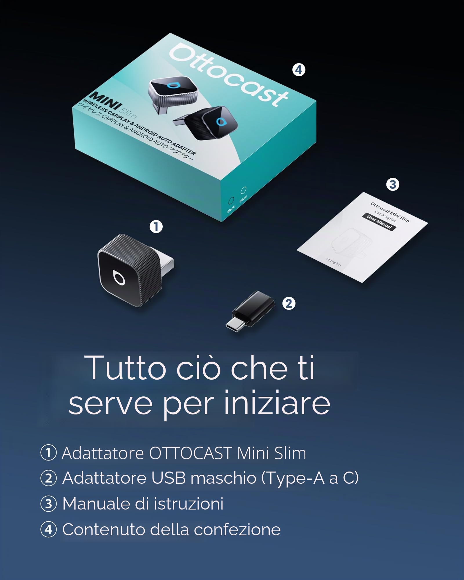 OTTOCAST Mini Slim 2026 Adattatore Wireless CarPlay e Android Auto, Adattatore 2-in-1 per Auto con CarPlay e Android Auto Cablati, Plug & Play, Riconnessione Automatica