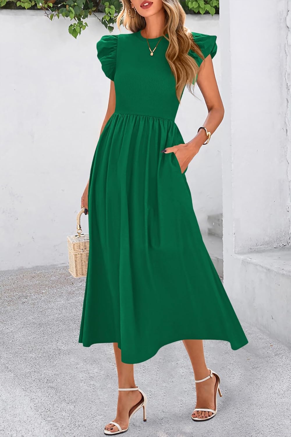 CFLONGE Women's Casual Short Puff Sleeve Summer Dresses for Women 2025 High Waist Casual Flowy A Line Midi Dress with Pockets - Image 3