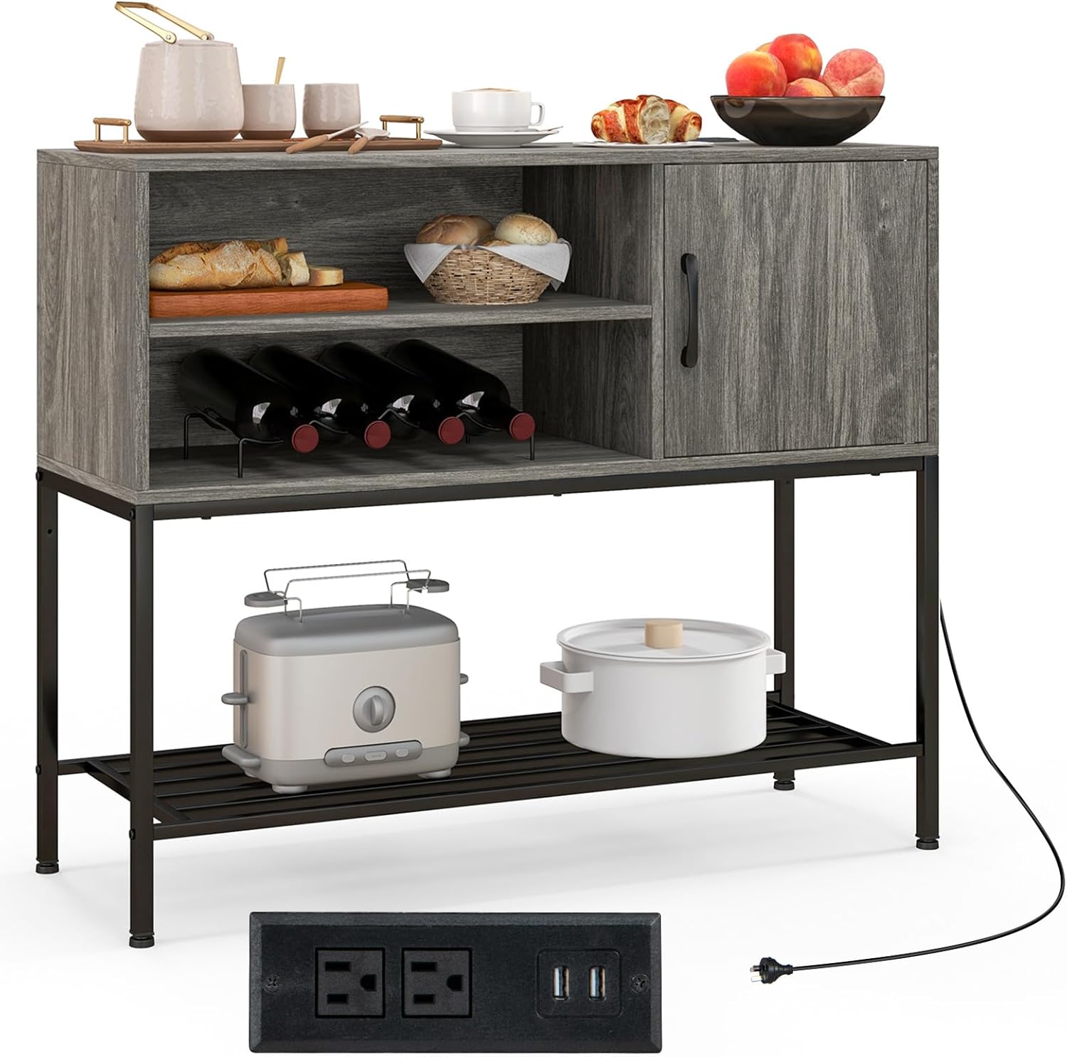 Giantex Buffet Cabinet with Power Outlets & USB Ports, Wood Coffee Bar Cabinet with 4 Bottle Wine Rack, Shelves, Kitchen Sideboard for Living Room Entryway (Grey & Black)