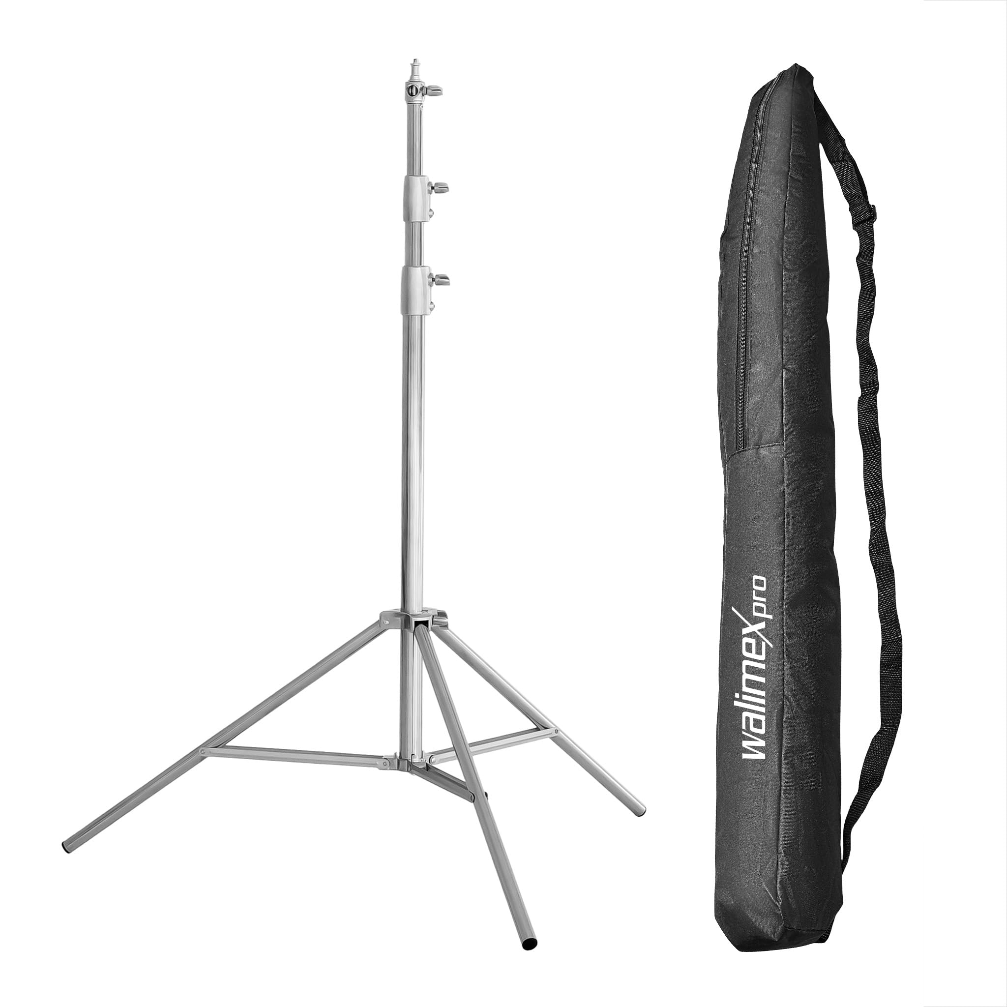 Walimex pro Heavy Duty - Treppiede per lampada in acciaio inox, portata fino a 15 kg, regolabile in altezza fino a 270 cm, ammortizzato con custodia e adattatore per spigot con filettatura da 1/4 e 3
