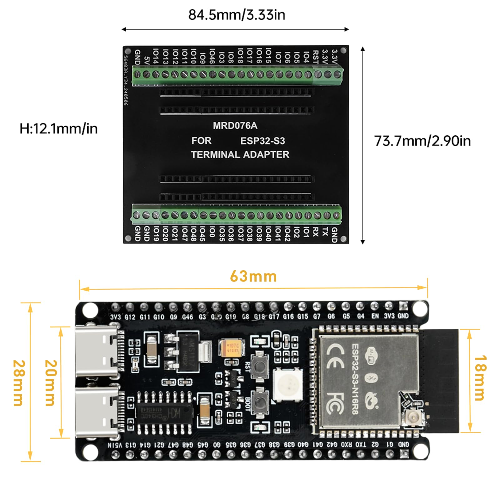 diymore 2 Unidades para módulo ESP32-S3 DevKitC-1 N16R8, Autoridad de expansión para agencias de Desarrollo, para Placa de Desarrollo ESP32 S3 1-N16R8 con WiFi, Bluetooth 5.0, Antena conectable USB C