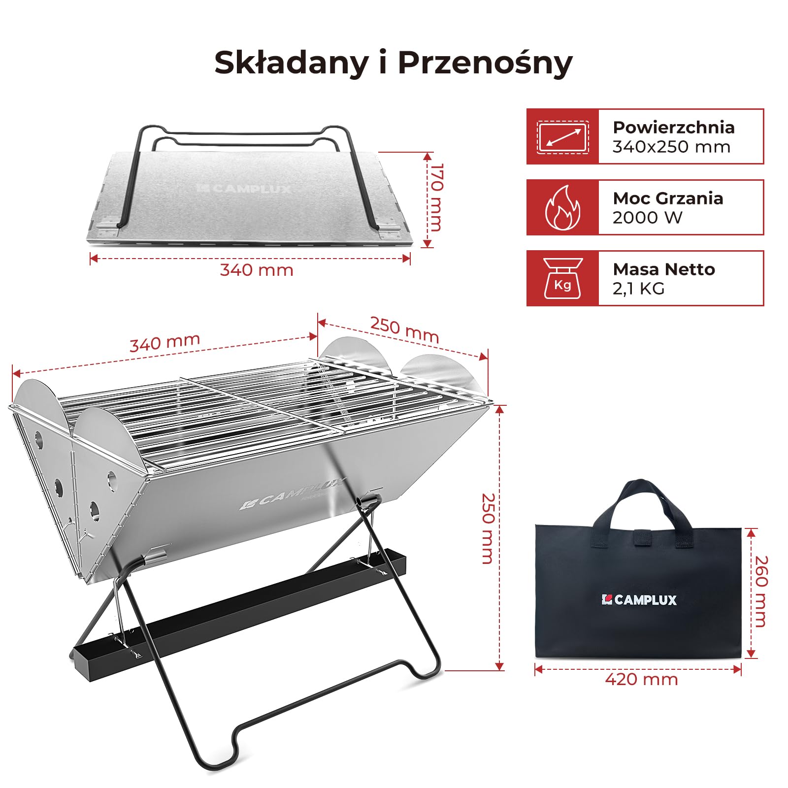 CAMPLUX Przenośny Grill, Kuchenka Turystyczna 2-w-1 na Gaz i Węgiel Drzewny z Rusztem 340 x 250 mm i Torbą do Przechowywania do Ogrodu, Pikniku, Grillowania na świeżym Powietrzu, FoldGo FG14GS