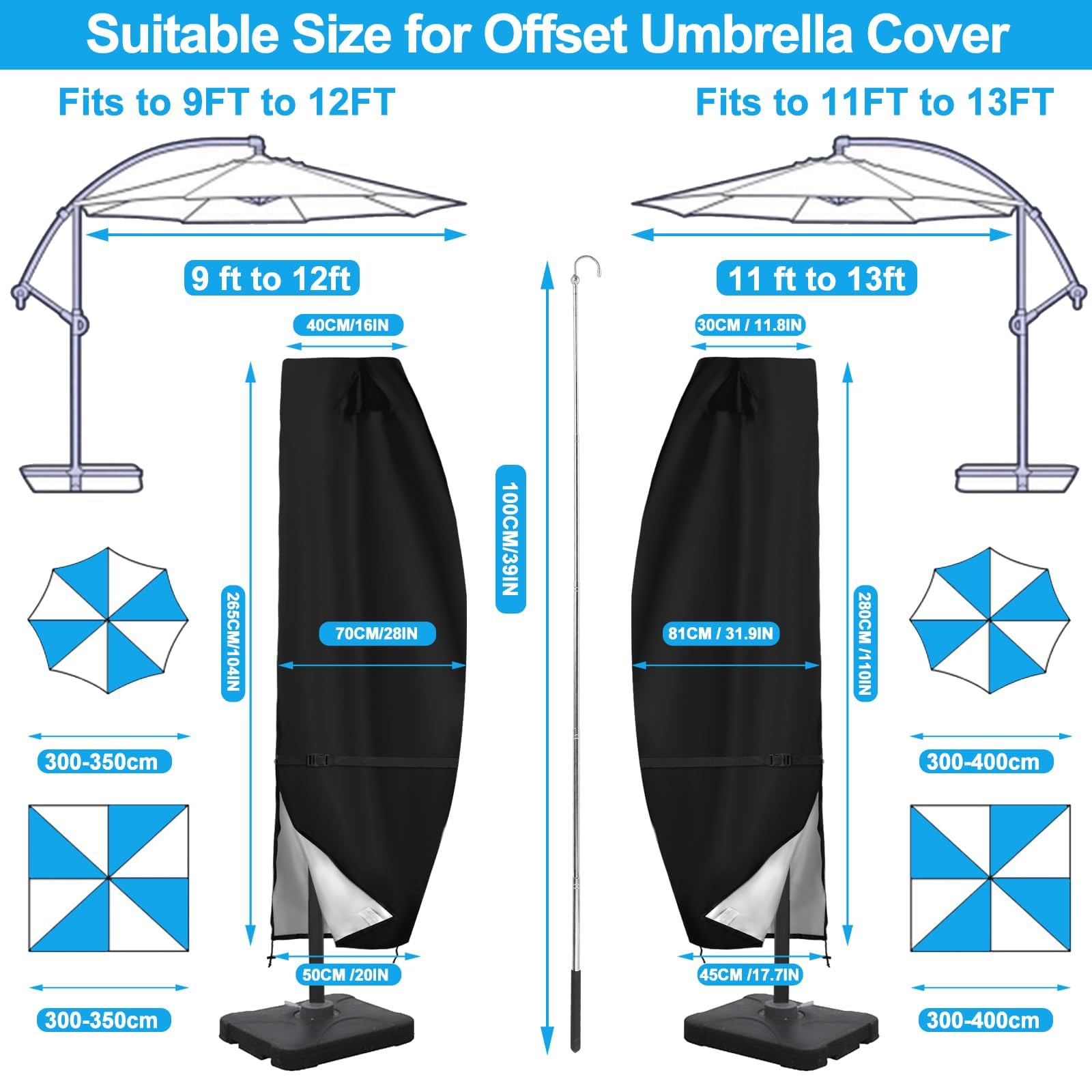 Funda impermeable 420D para sombrilla de patio de 9 a 12 pies, con cremallera impermeable resistente y ventilación superior, se adapta a la cubierta de sombrilla voladiza al aire libre