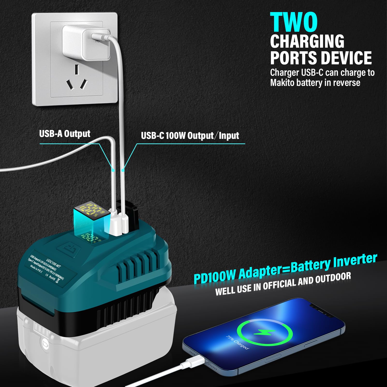 Kit de charge rapide USB 100 W pour batterie Makita 18 V, QC3.0 de type C et port USB, avec indicateur LED, pour chargeur BL1830, BL1850, BL1860 (pas de batterie)