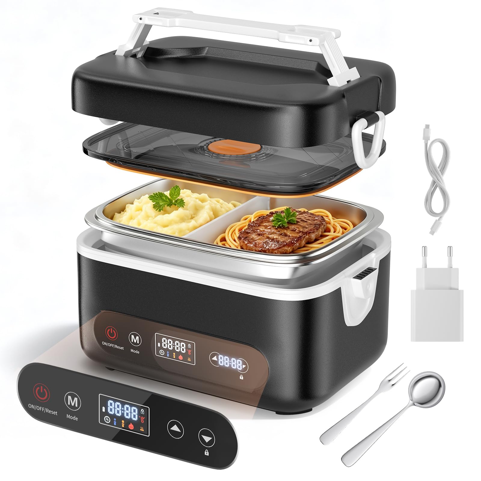 Scaldavivande Elettrico Portatile, 1,2L Porta Pranzo Riscaldabile con Touch Screen, Scalda Vivande Portatile Elettrico con Stoviglie in Acciaio Inossidabile e Borsa Termica per Auto Ufficio
