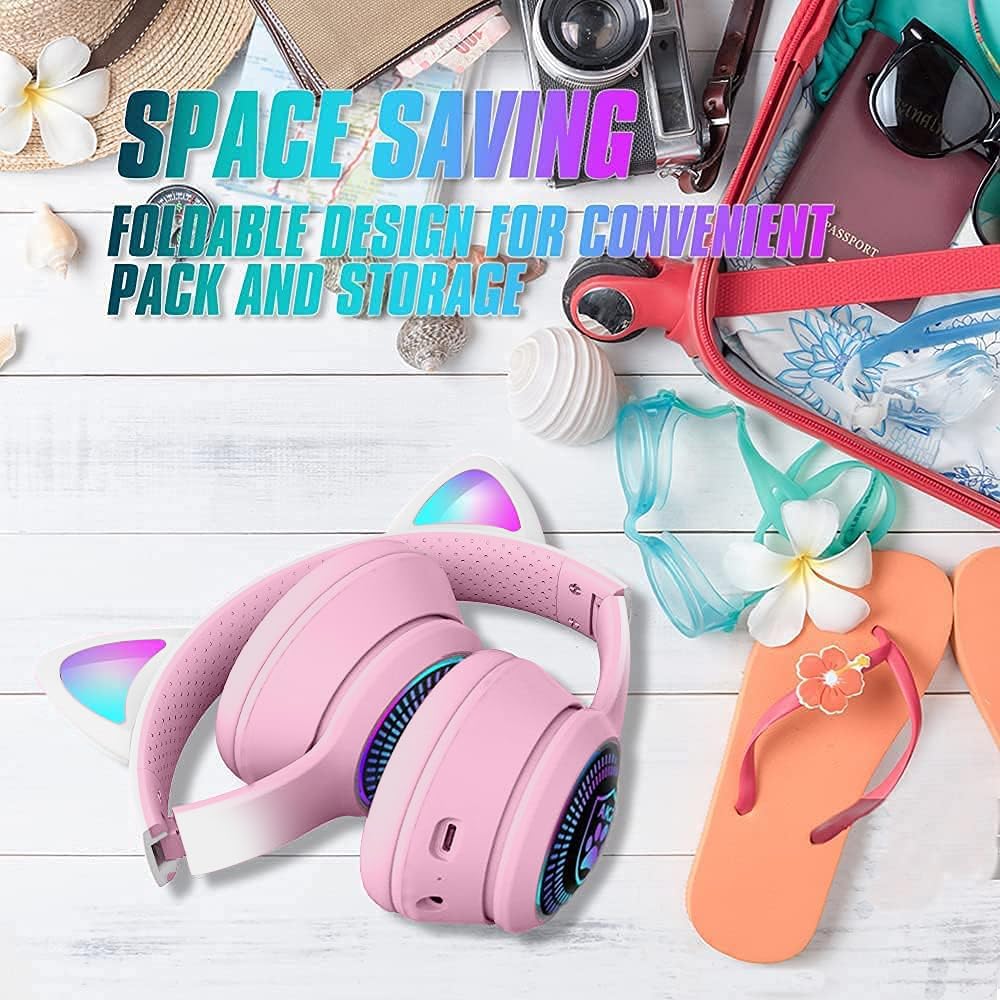 Cat Ear Gaming Bluetooth 5.2 Kabellose Faltbare Kopfhörer mit LED-Licht, Stereo-Spiel Surround Sound Over-Ear Headsets mit Mikrofon AUX für PC, Pad, Handy, Laptop, Spiel, Kinder, Geschenk