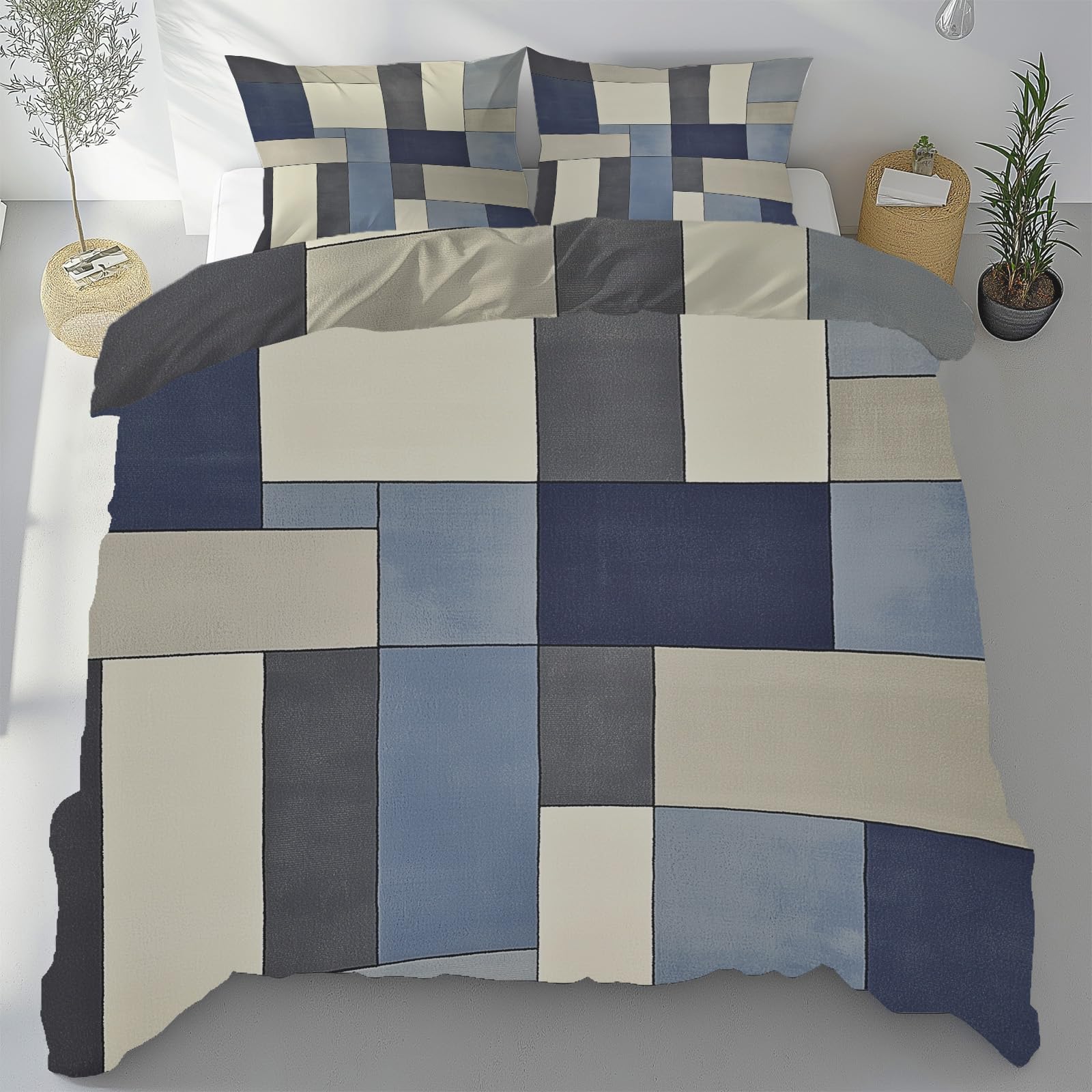 Housse de couette 240x260 géométrique pour lit adulte avec 2 taies d'oreiller en microfibre