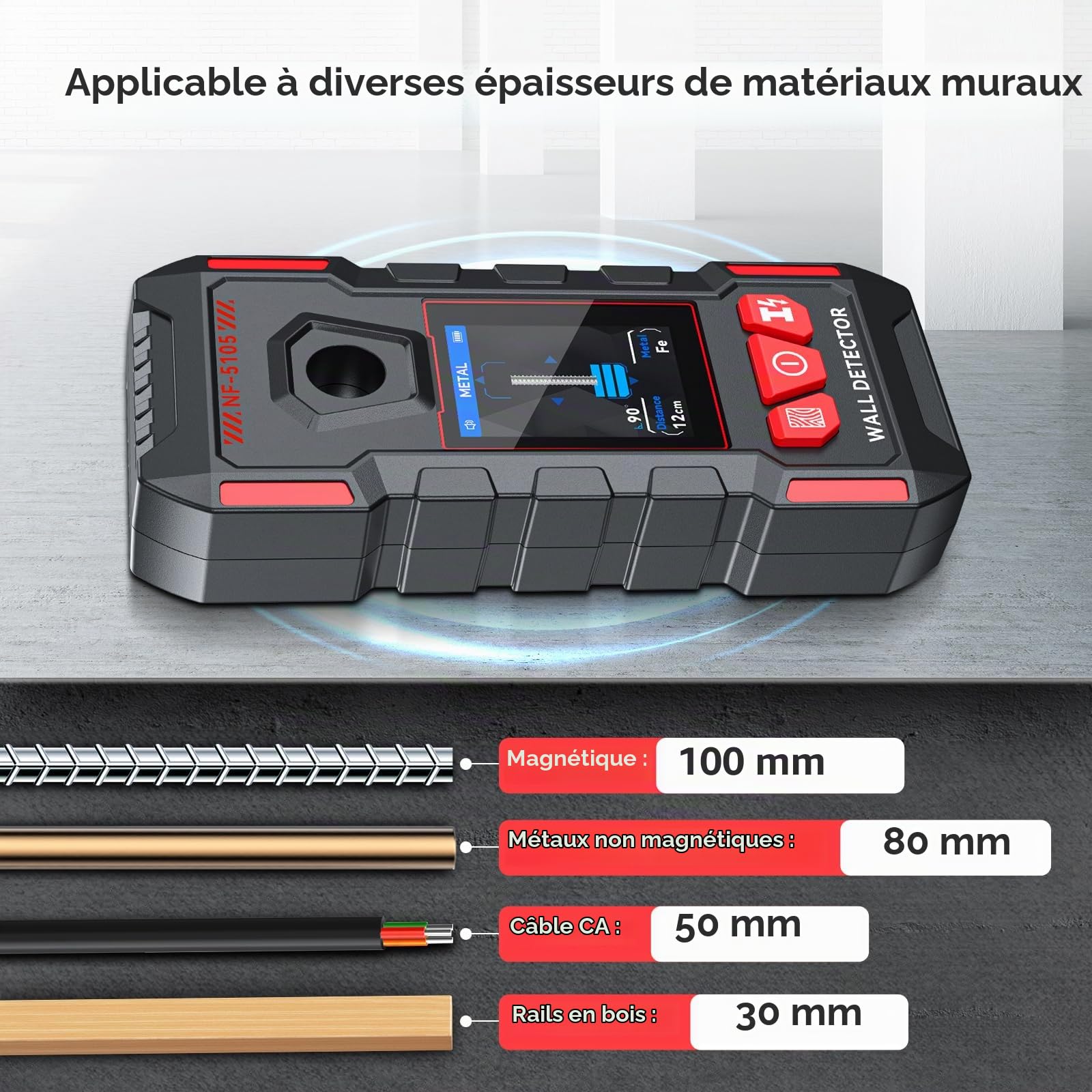 Détecteur de montants pour murs, scanner mural rechargeable avec puce intelligente améliorée pour clous en bois et métal, fils AC, solives, tuyaux, prend en charge l'écran LCD HD et la voix