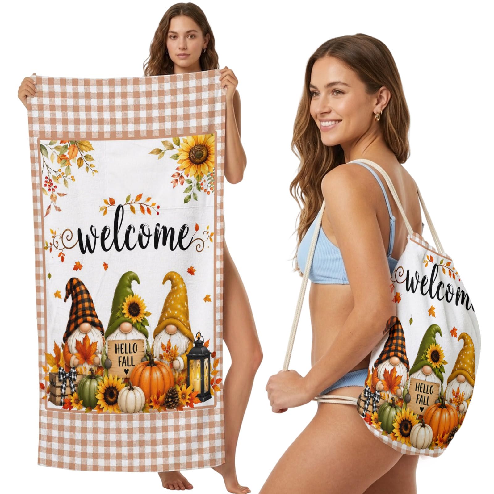 2-in-1 Beach Towel Backpack,Thanksgiving Pumpkin Gnomes Bath Towel with Built-in Storage Farm Maple Leaf Sunflower Convertible Foldable Beach Blanket for Travel Pool Gym Camping Swim,31x63in