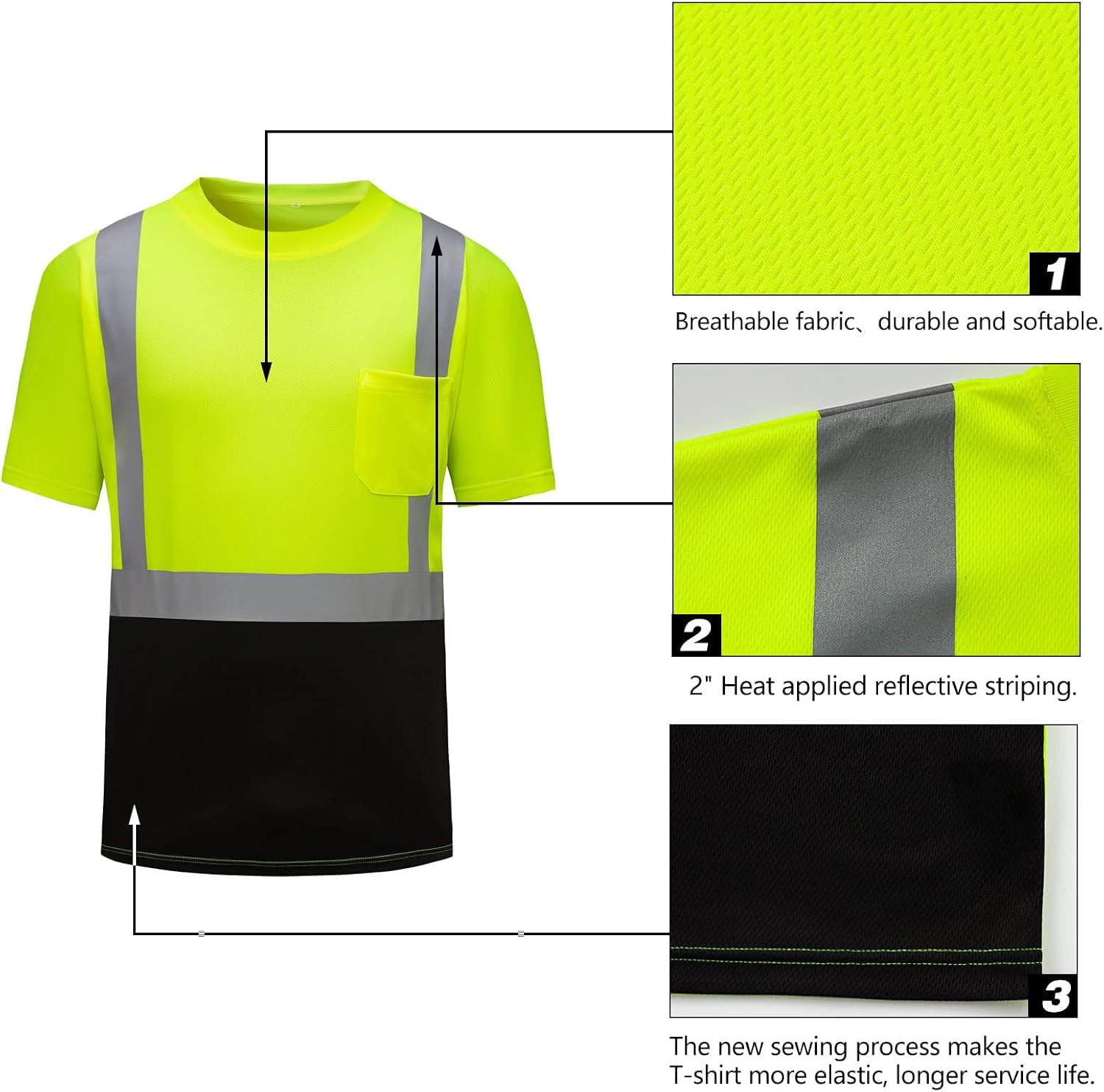 2 PC Mens High Visibility Shirts Mesh Quick Dry Tshirts Reflective Strips Short Sleeve Hi Vis Construction Work Tees