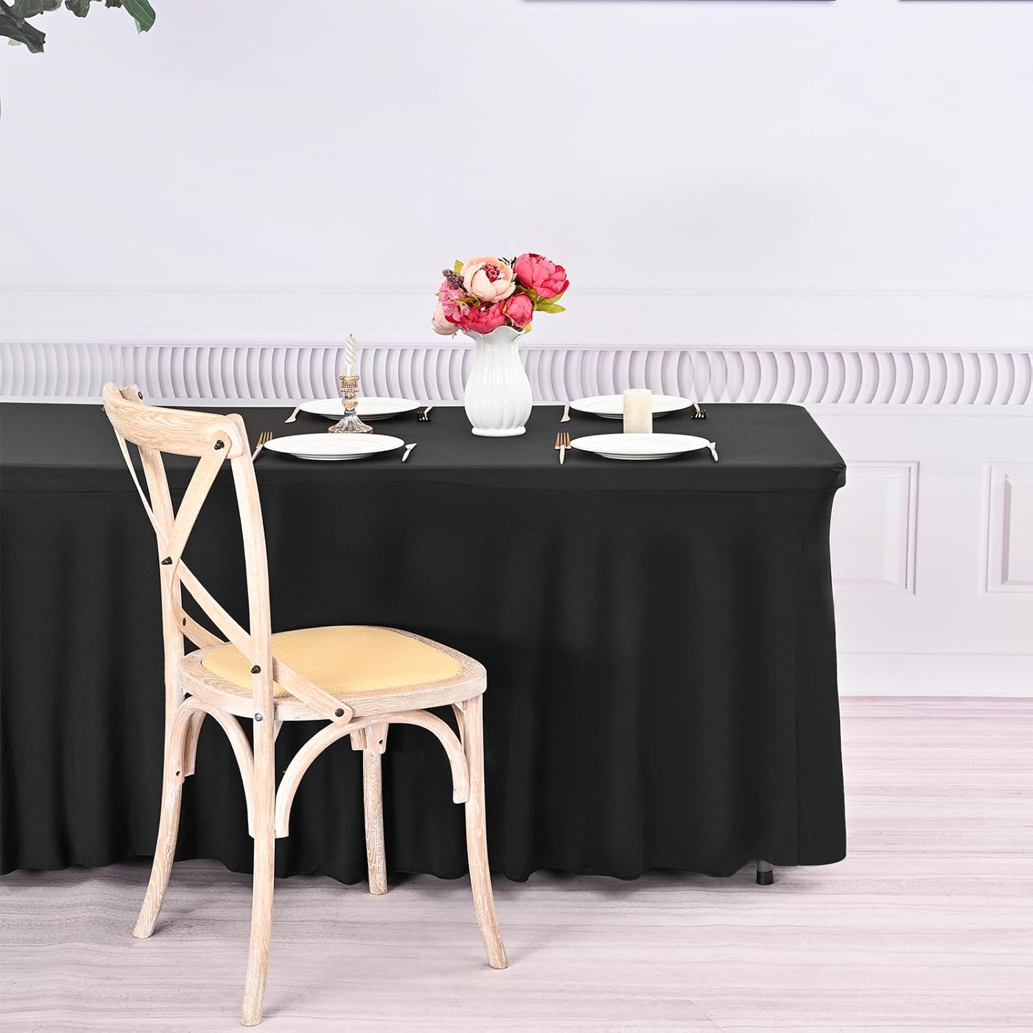 4 Pack 8Ft Spandex Table Skirts Black Stretch Tablecloth with Skirt for 8 Foot Rectangle Table, One-Piece Wrinkle Resistant Fitted Stretchable Table Skirt for Wedding Party Banquet Trade Show