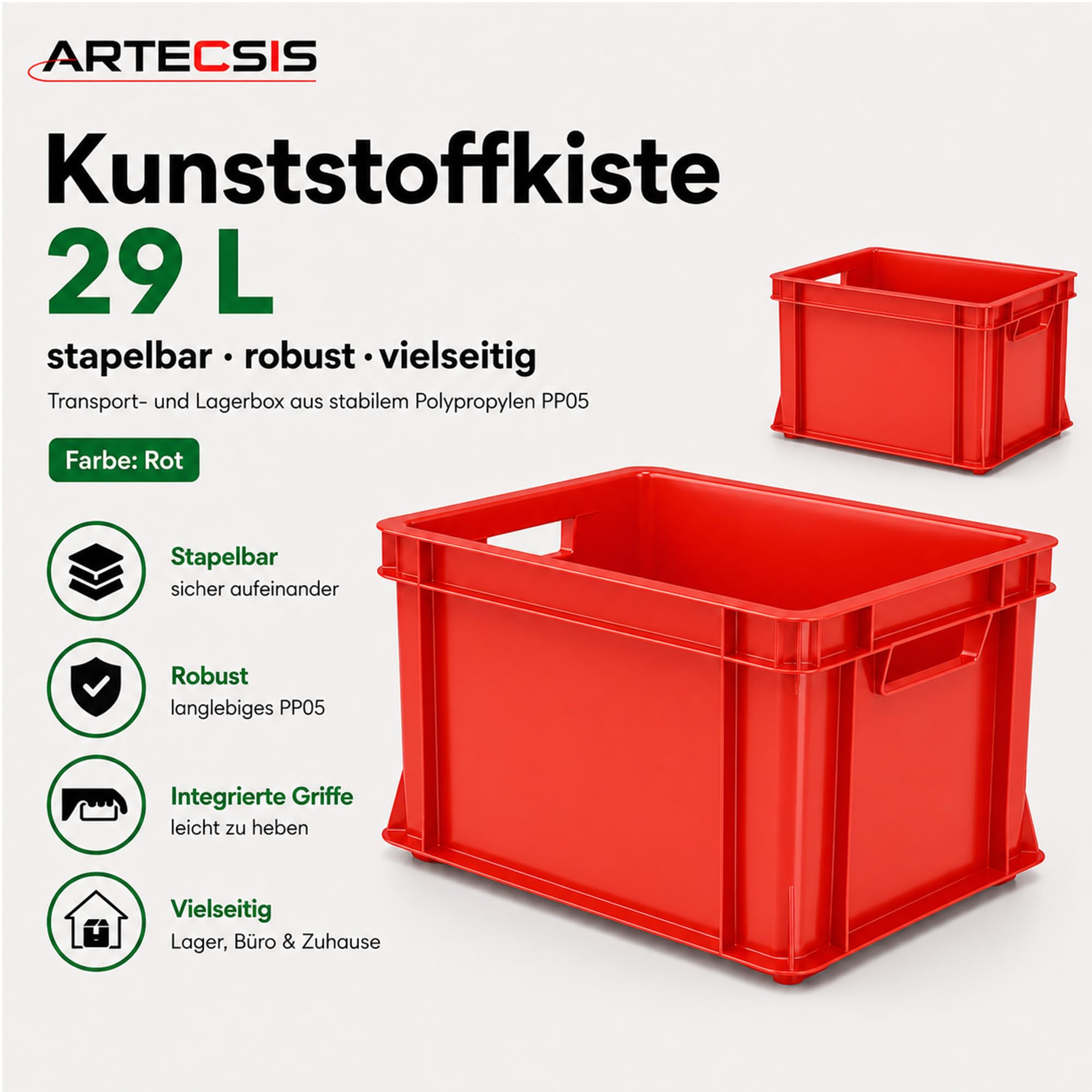 ARTECSIS® 3 x Kunststoffkiste 29L (stapelbar) rot - Transport & Lagerbox (41x34x24cm) - Aufbewahrungsbox & Lagerkiste aus stabilem Kunststoff - Ordnungsbox & Transportkiste Garten & Werkstatt