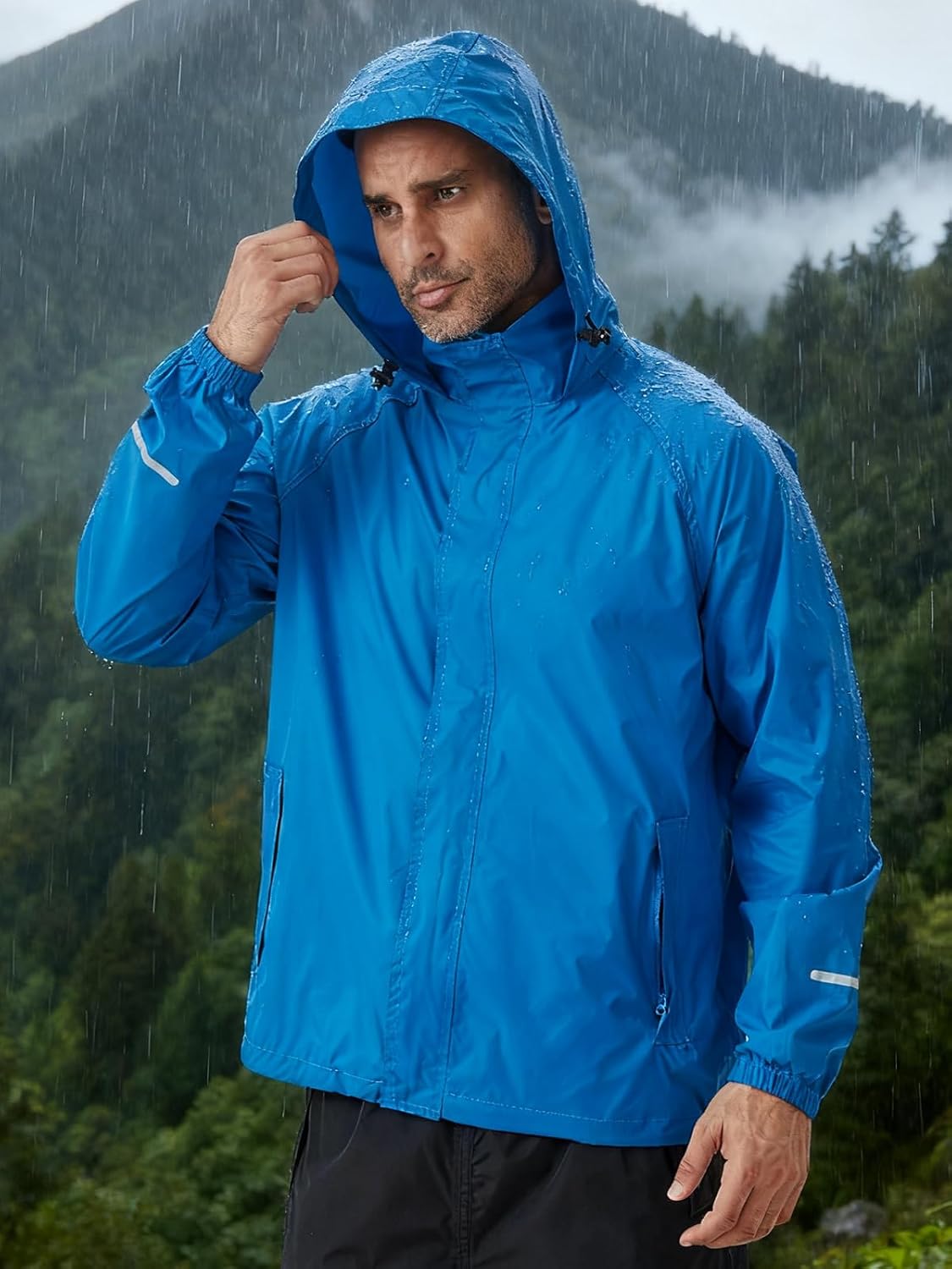Men's Packable Rain Jacket Waterproof with Hood for Travel Cycling