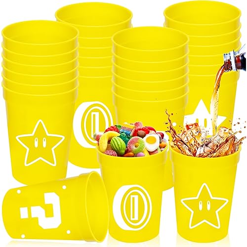 Kids Cartoon Party Plastic Cups - 24Pcs Yellow Reusable Plastic Cups Sports Plastic Cups, 12 OZ/350ml Cartoon Drinking Cups Kids Party Supplies Decorations for Kids Boys Girls Birthday Party