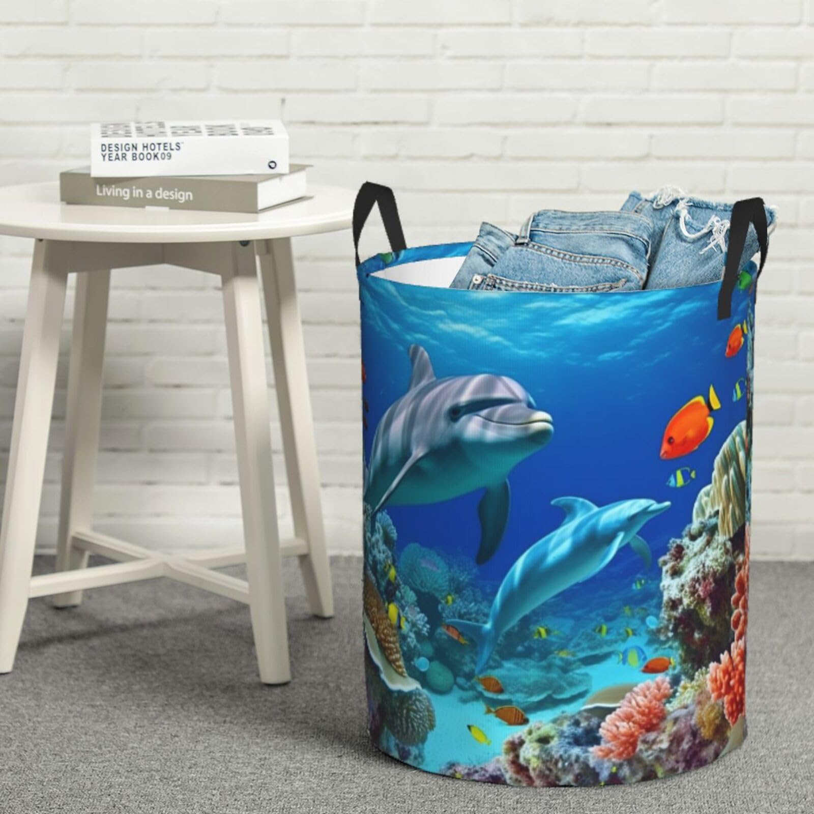 Seabed Coral Fish Dolphins Laundry Hamper with Handles Large Collapsible Laundry Basket Freestanding Waterproof Cloth Hamper Tall Blanket Basket Foldable Washing Bin for Bedroom, Bathroom Medium