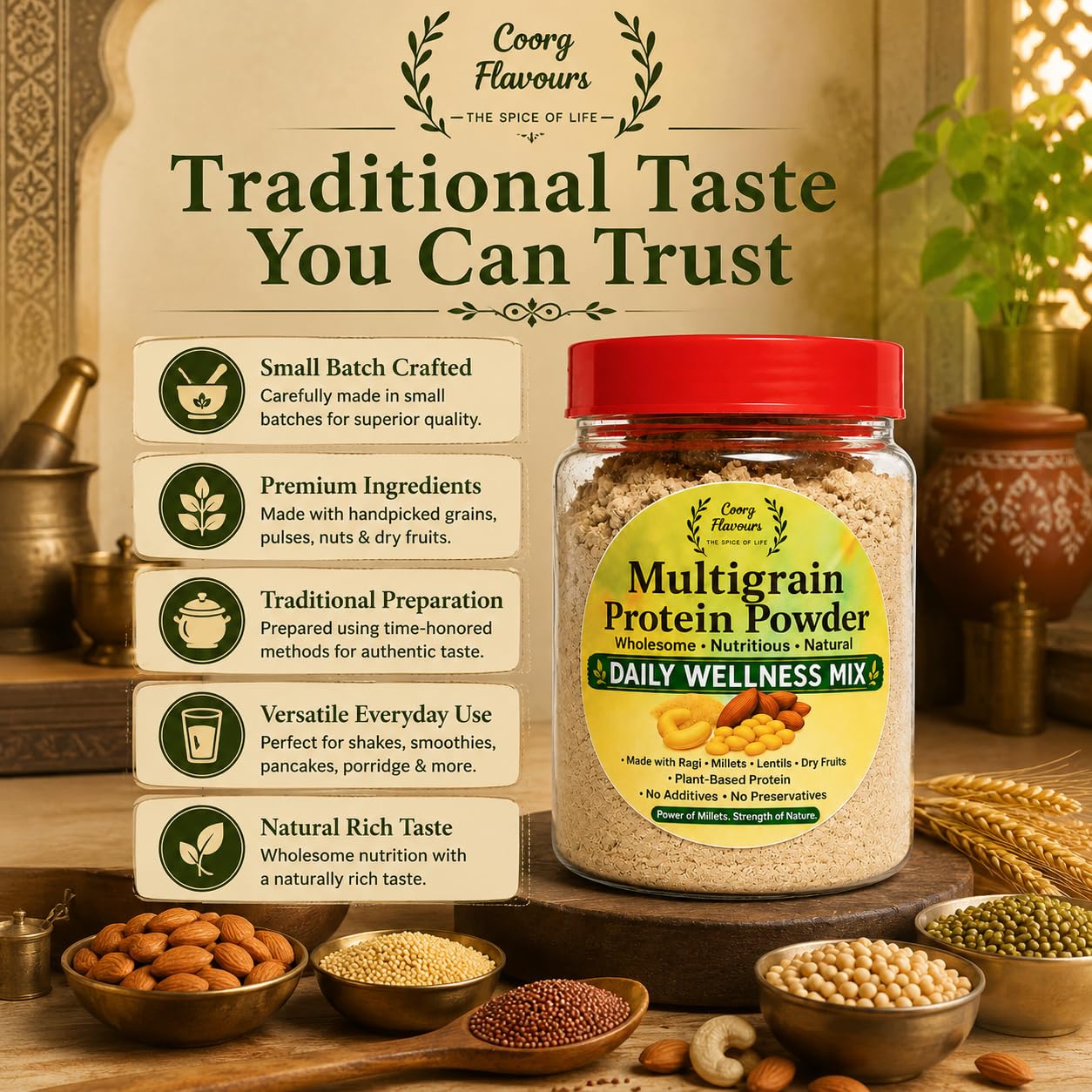 COORG FLAVOURS Multigrain Protein Powder 250g | Premium Blend of Dal, Millet, Nuts & Dry Fruits | High Fiber & Protein Health Mix | Natural Daily Nutrition Drink | No Preservative — Amazon image 7