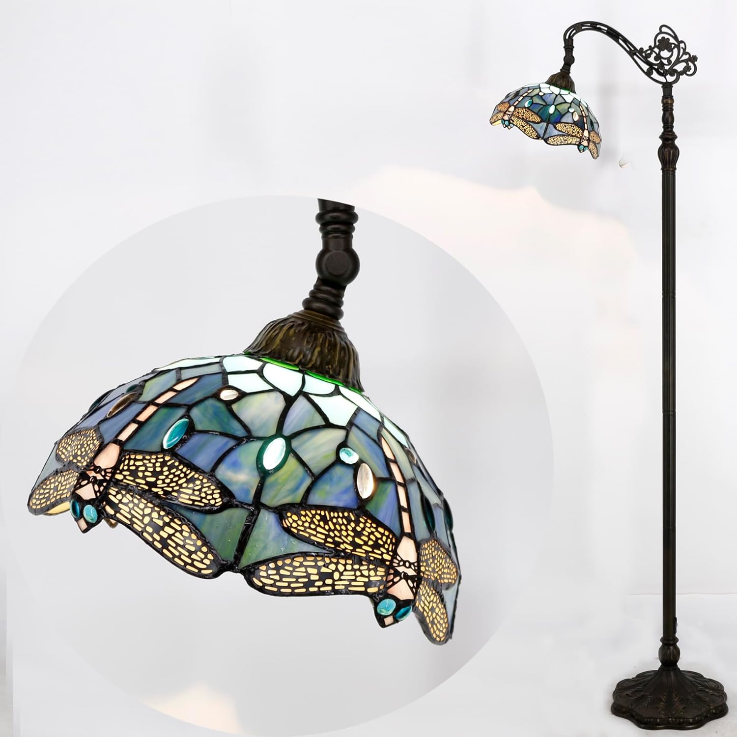 Tiffany Floor Lamp Stained Glass Sea Blue Dragonfly Arched Reading Light Gooseneck Adjustable Corner Standing Lamp 10X16X64 Inch for Bedroom Living Room Home Office