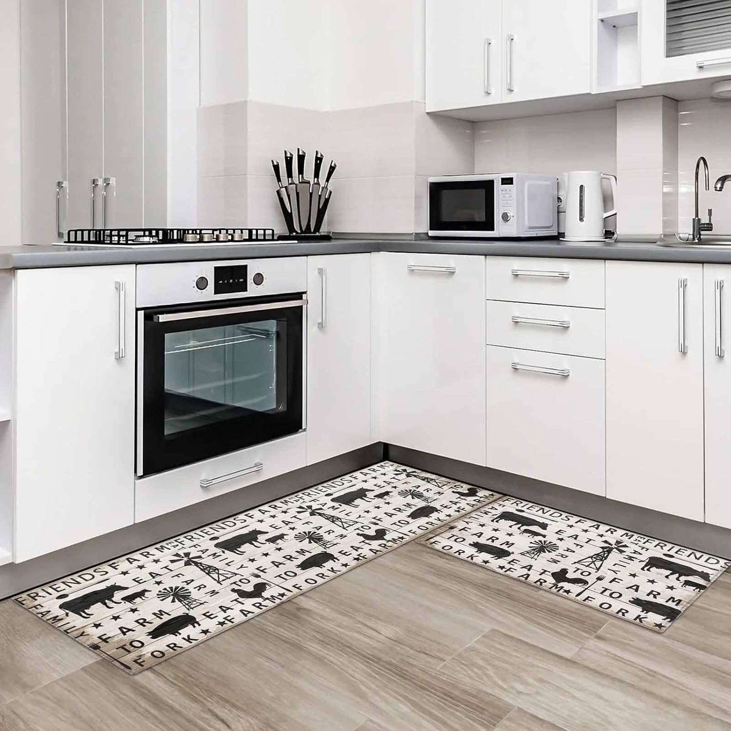 Kitchen Rugs and Mats 2 Pieces Farmhouse Animal Chicken Cow Pig Non Slip Anti Fatigue Floor Mats Windmills Wood Grain Area Rugs Carpet Comfort Soft Absorb Cushioned Standing Doormat Runner Rugs
