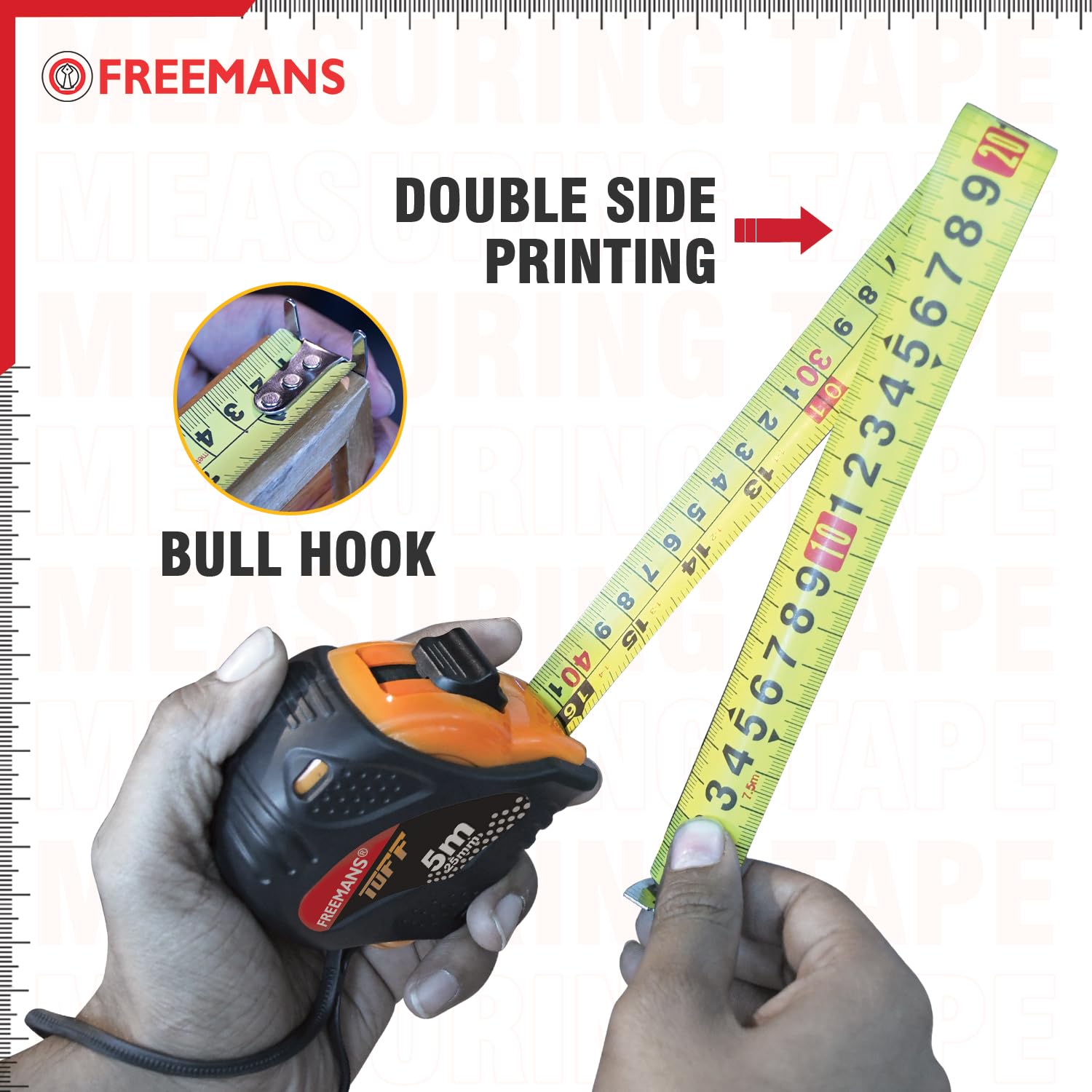FREEMANS TUFF 5m:25mm Steel Inchi Measuring Tape with a Non Slip Rubber covered ABS case, Double-sided Printing and Belt Clip