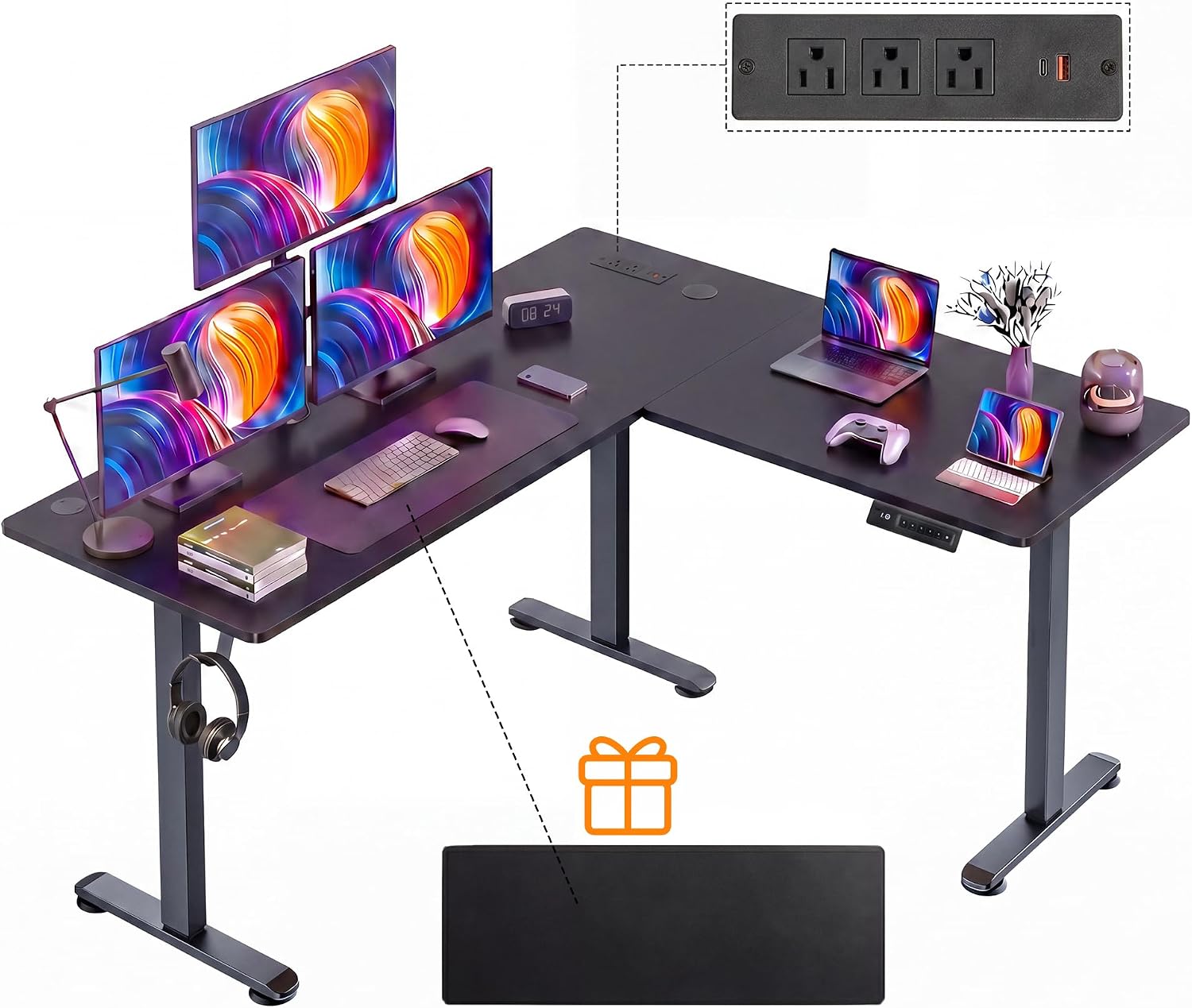 63” L Shaped Standing Desk with Charging Station,Supports Left and Right Swapping,Electric Height Adjustable Corner Stand Up Desk.Free Hook, Lockable Wheels,Mouse Pad,Black
