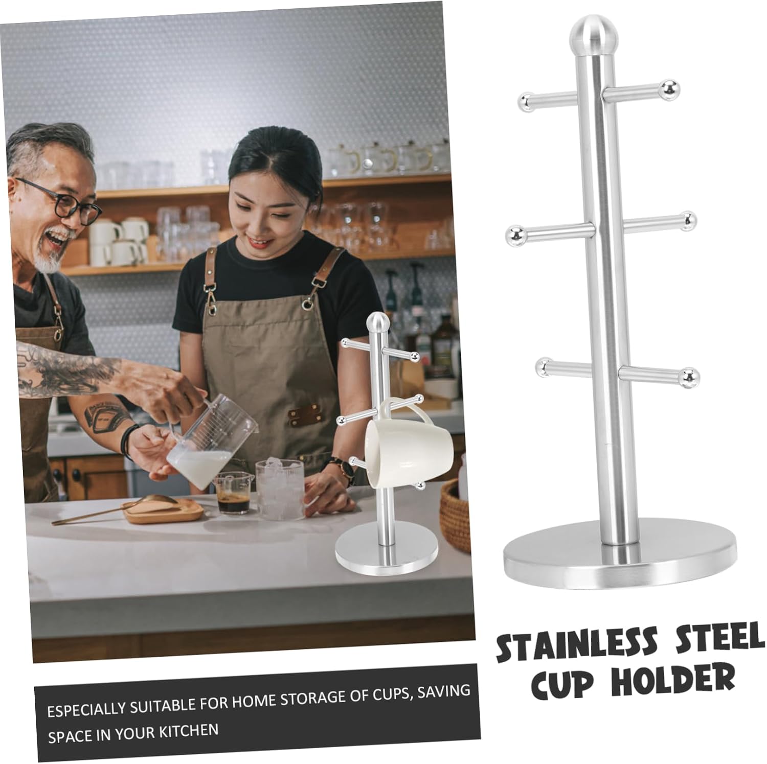 Stainless Steel Mug Tree Elegant Tea Cup Holder for Counter Storage Space Saving Bar Accessory Smooth Edges Design for Coffee and Tea Mugs