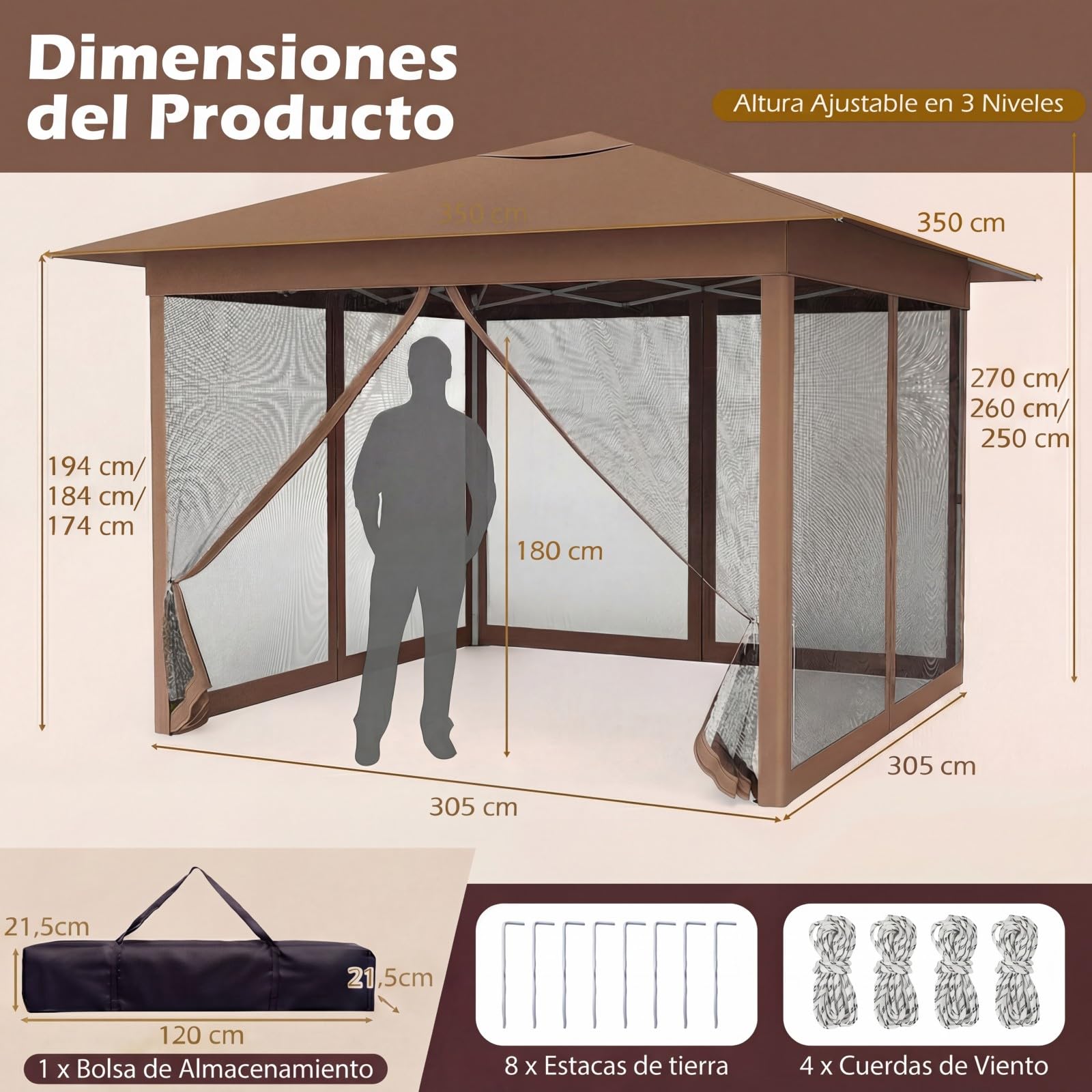 GOPLUS Carpa Plegable 3,5x3,5 cm, Cenador Pop-up de Jardín con 4 Mosquiteras Extraíbles, Altura Ajustable, Bolsa de Transporte, Protección Solar, Gazebo para Fiestas (Marrón,con Mosquiteras)