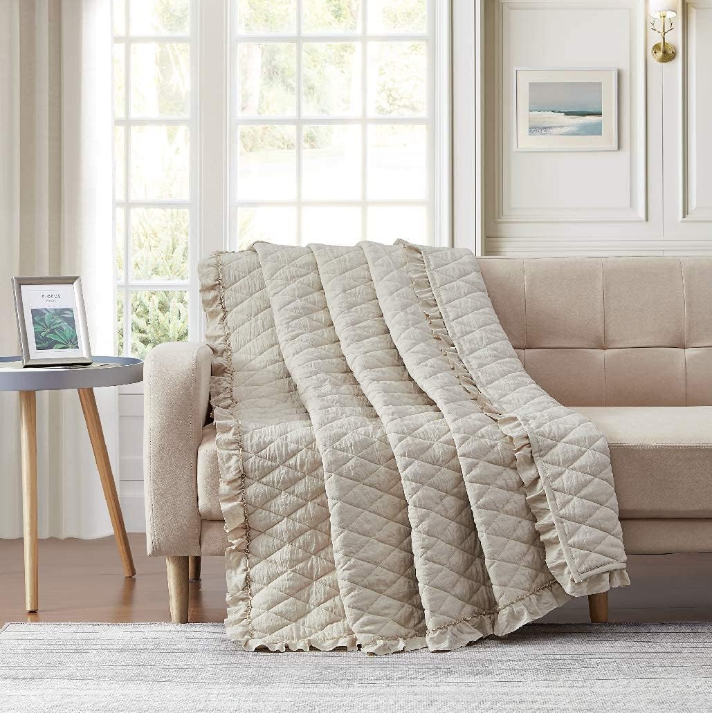 BOURINA Quilted Throw Blanket with Ruffles Pre-Washed Microfiber Ultra Soft Cozy Lightweight for Couch Bed Sofa Throw Blankets,Beige,50"x60"