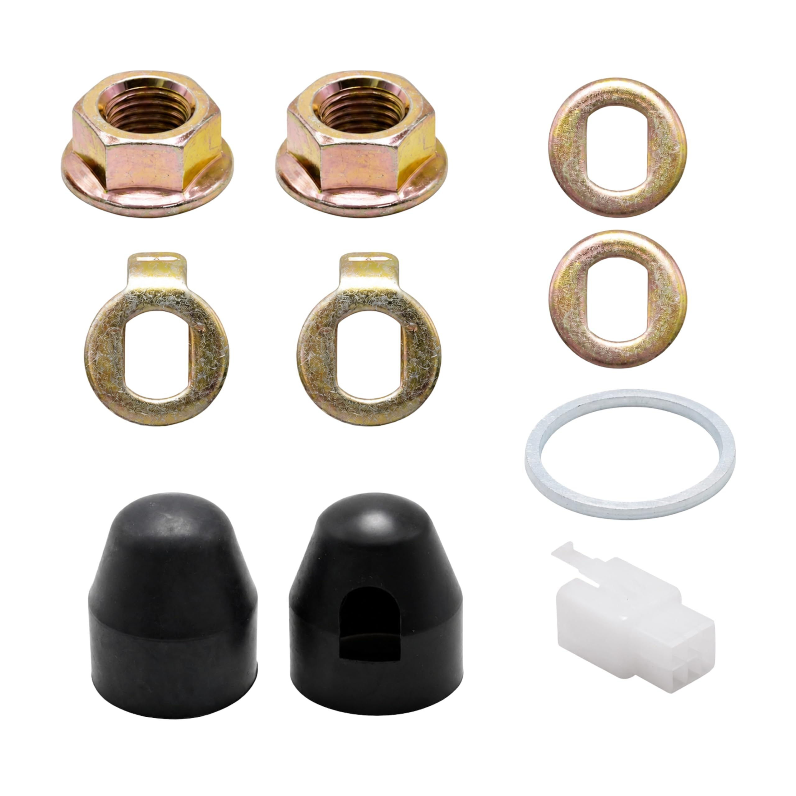 M14 Nut Set for Electric Bicycle Hub Motor, Compatible with 500w-2000w Motors, Includes Bike Safety Washer Kit. The Wheel Lock Nut Kit Comes with 14mm Axle Bolts, Caps, Washers and Nut Covers.