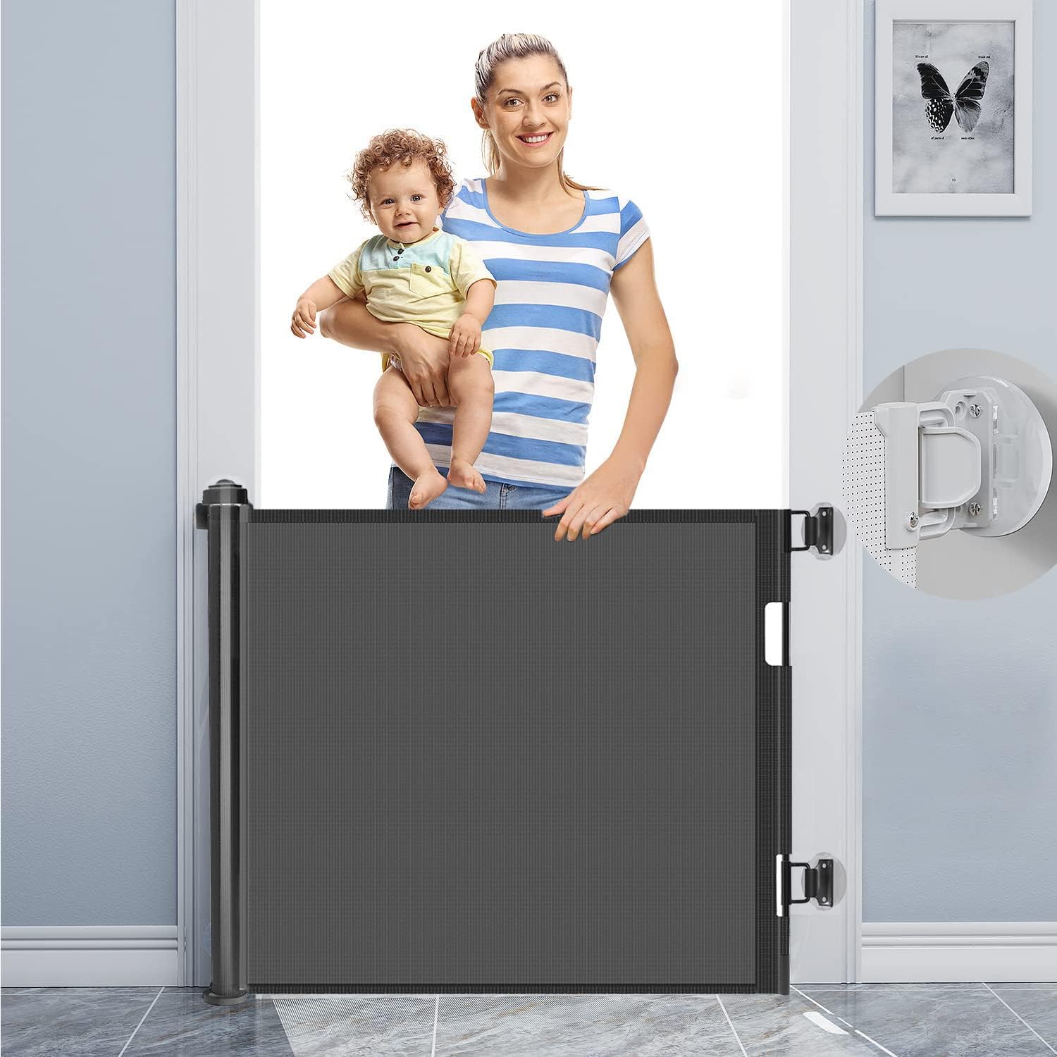 Beauenty Retractable Baby Gate, Baby Gate for Smooth Wall No Drilling, Adjustable Width and Height, Pet Gate for Doorway, Staircase, Indoor, Outdoor(Black 59" x 34")