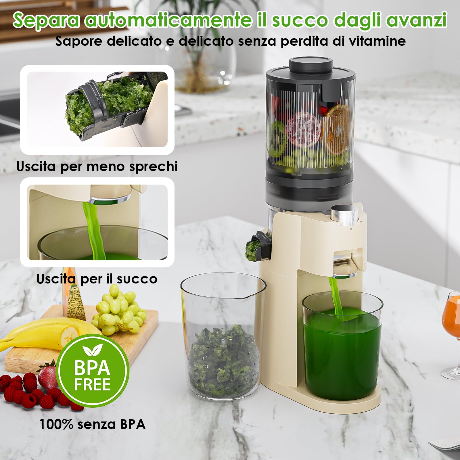 Estrattore di Succo, Slow Juicer 150W, Estrattore Frutta e Verdura, Spremiagrumi con Filtro SUS Resa Massima 40-100 giri/min, BPA Free, Sicurezza Anti-Surriscaldamento con 2 Tazze, Facile da pulire
