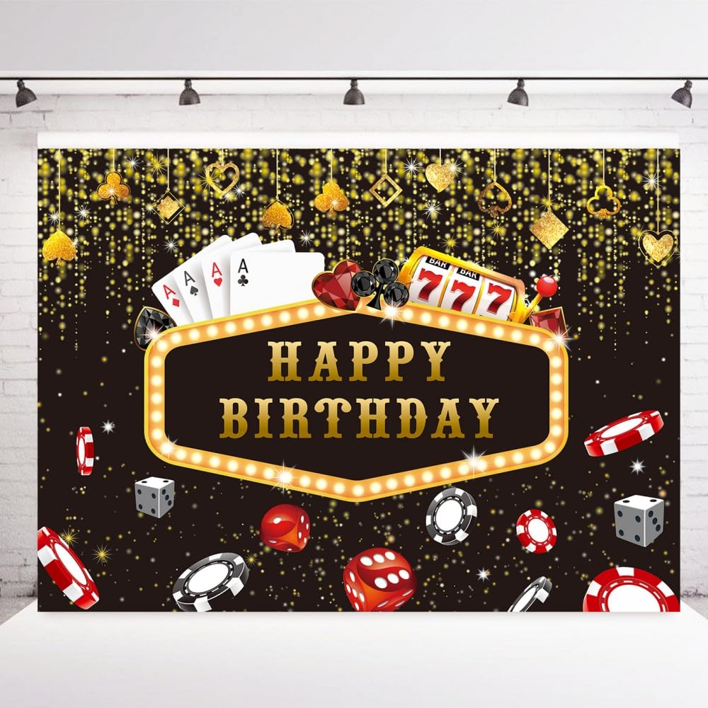 INRUI Casino Happy Birthday Photography Backdrop Las Vegas Casino Night Dice Poker Birthday Party Decorations Banner (7x5FT)