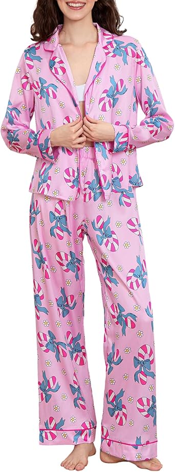 SOLILOQUY Women Satin Silk Christmas Pajama Set Striped Long Sleeve Button Shirt+Wide Leg Long Pants Cute Xmas Pjs Sleepwear