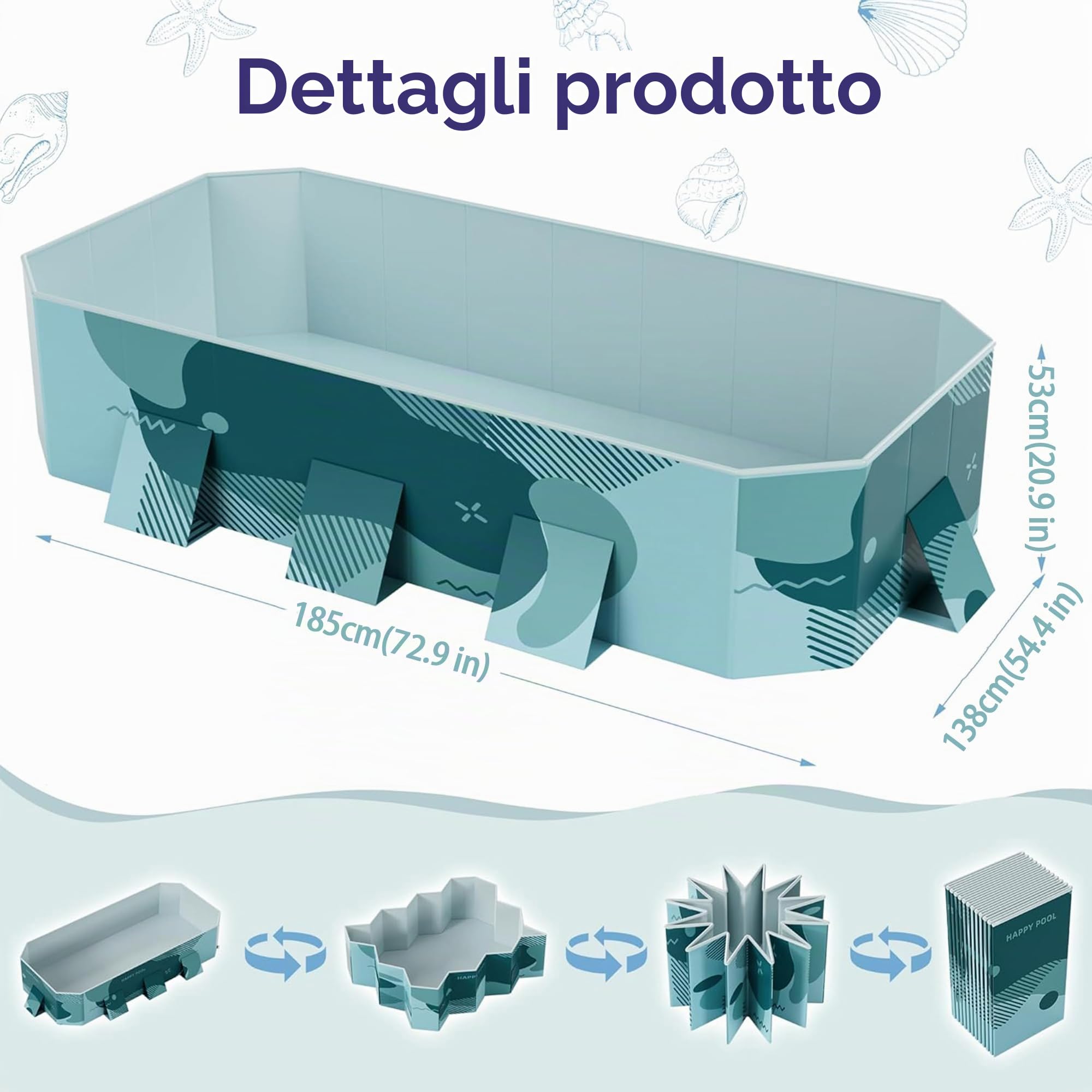 Piscina pieghevole, in plastica rigida, rettangolare, per adulti, non gonfiabile, per esterni, cortile