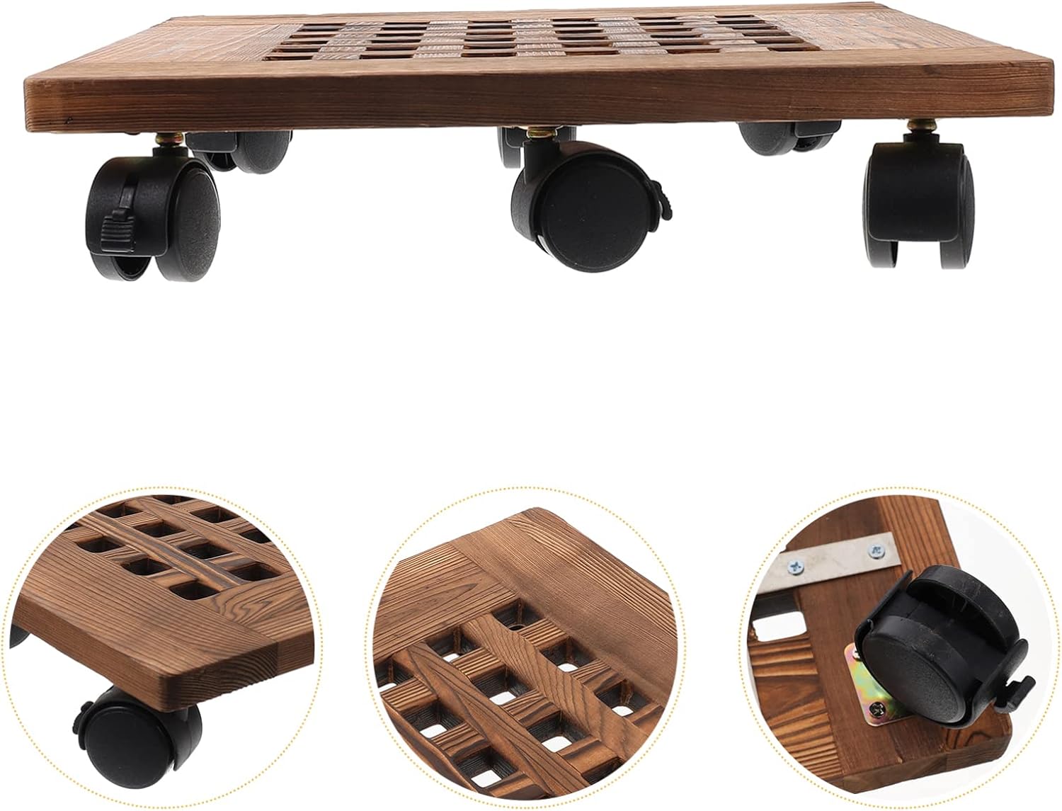1pc Movable Flowerpot Tray Casters Heavy-Duty Wooden Pot Stand Hollow-Out Design for Easy Plant Mobility Diagonal Brake Wheels
