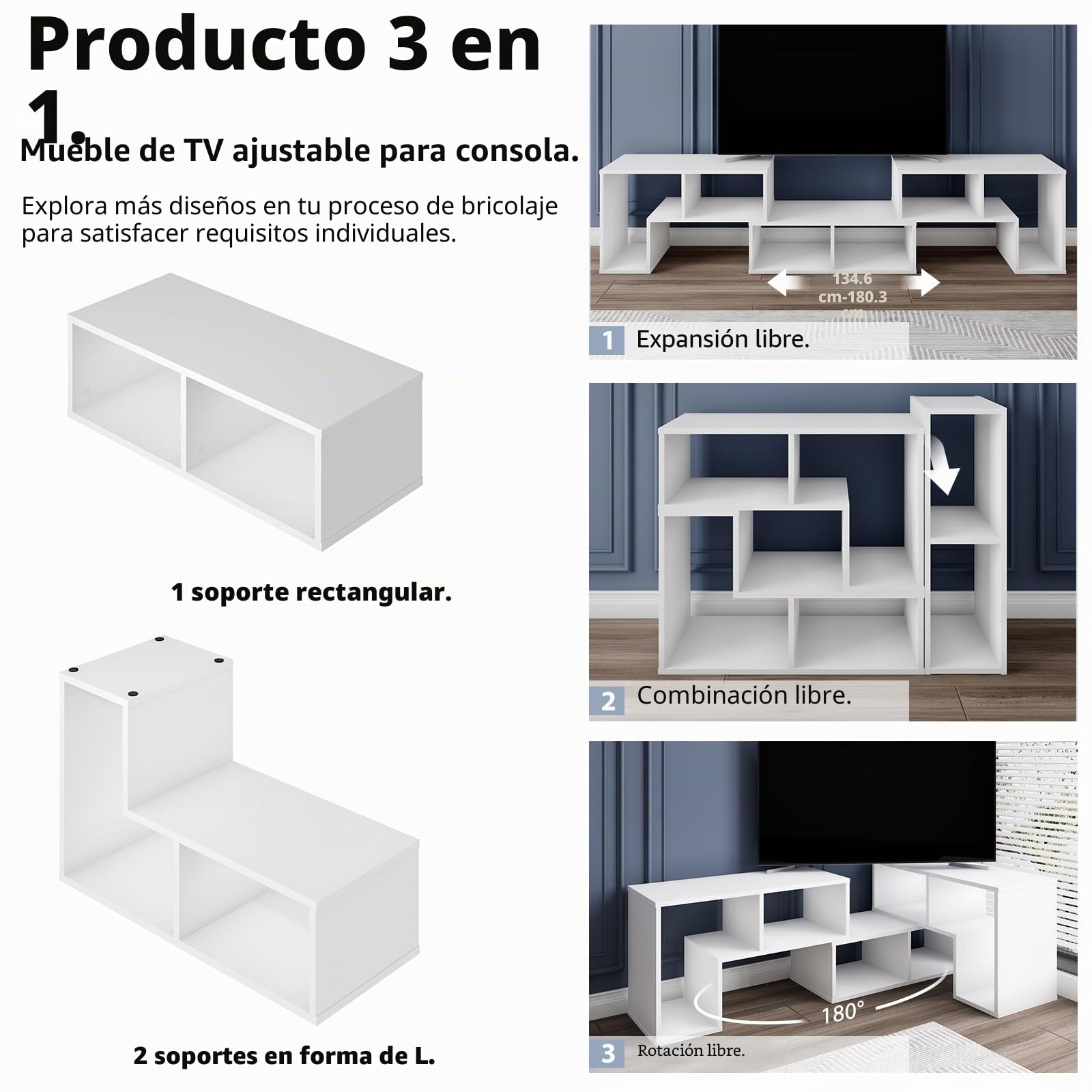 KOMFOTTEU Mueble TV Salón Combinable con 3 Piezas, Mueble Bajo para Televisión de hasta 65 Pulgadas, Armario de Televisor Multifuncional con Estantes Abiertos, Cómoda para TV (White)