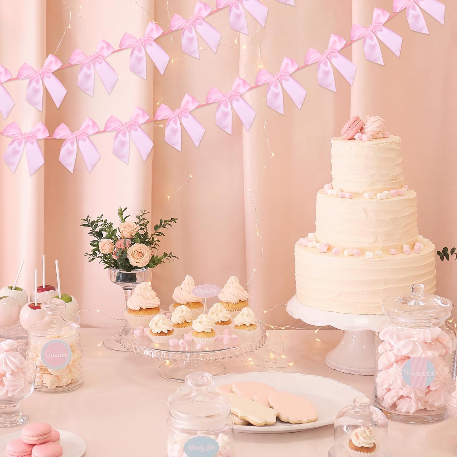 2 Pcs Pink Bow Garland, Satin Bow Garland, Pink Bows Decors for Birthday Parties, Bridal Showers, Wedding Gifts, Engagement Parties, Baby Shower Supplies image 2