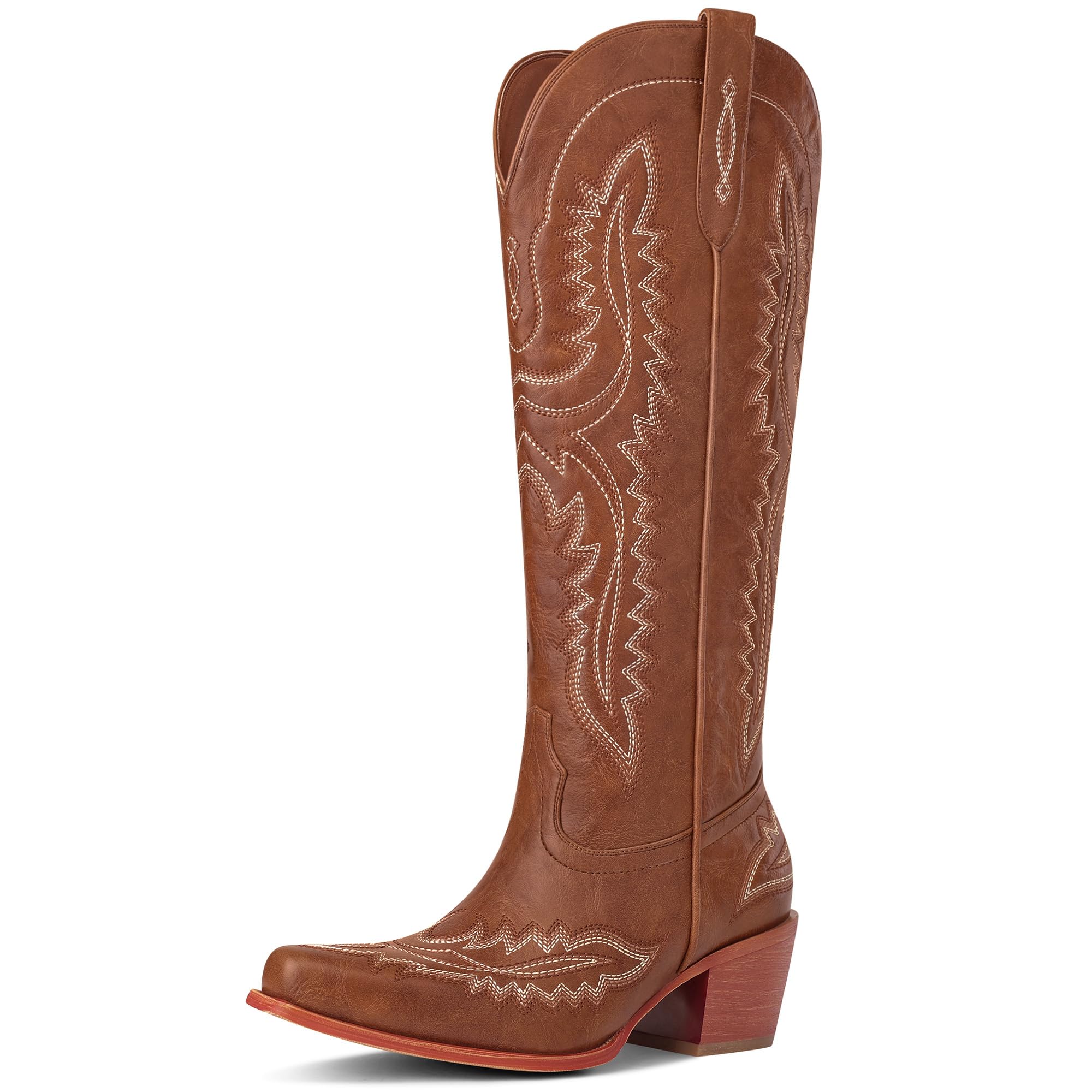 MUCCCUTE Cowboy Boots for Women Cowgirl Boots Western Knee High Pointed Toe with Classic Embroidery Side Zipper Chunky Heel Pull On Retro Country Tall