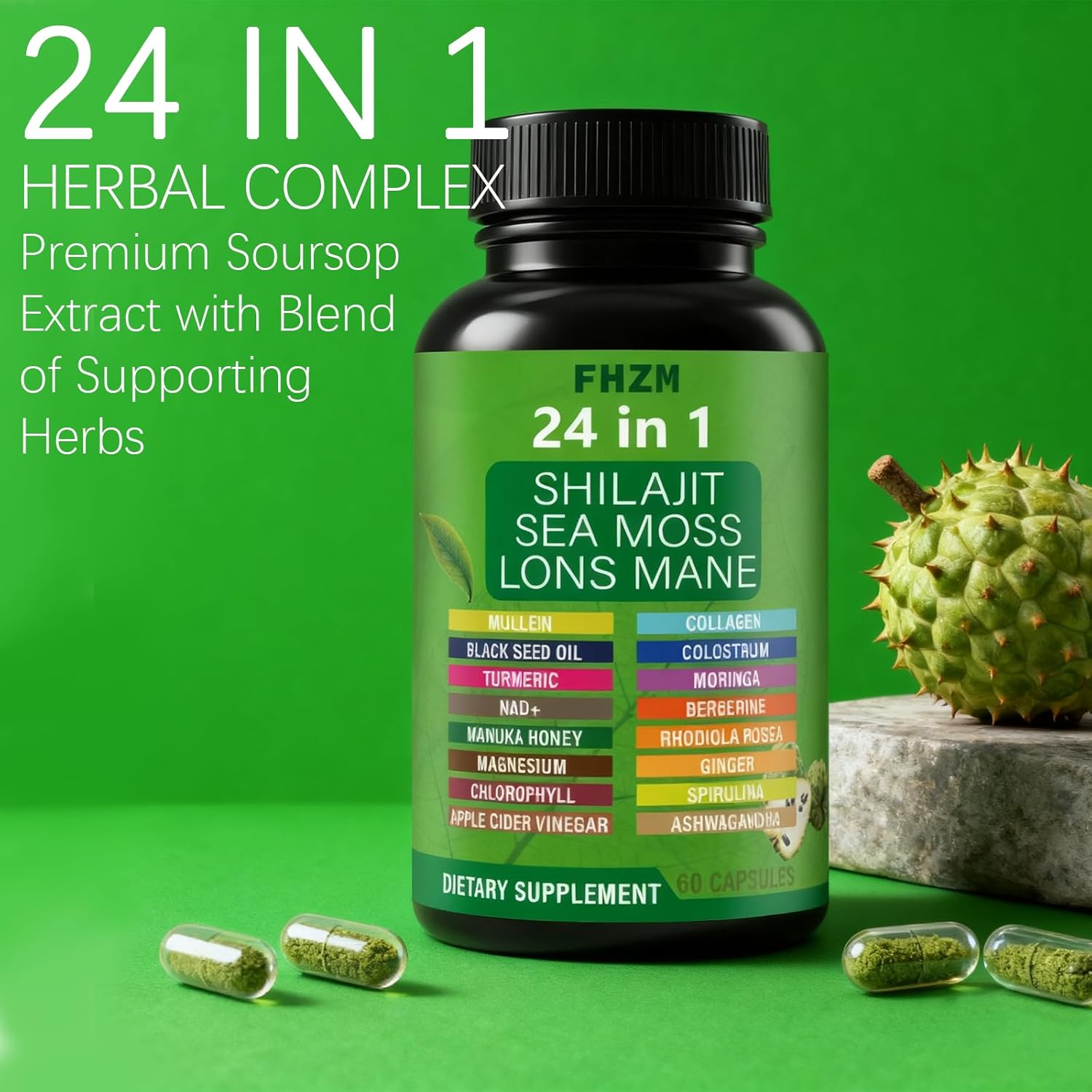 Soursop Capsules with 24-in-1 Herbal Blend - Includes Graviola, Shilajit, Sea Moss, Lions Mane, Turmeric, Ashwagandha, Ginger, Manuka Honey - Vegan, Non-GMO Dietary Supplement - 60 Capsules (01)