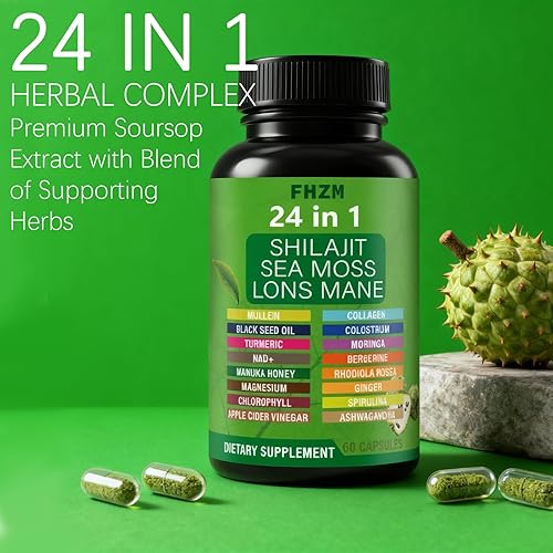 Miniatura 6 de Cápsulas de guanábana con mezcla de hierbas 24 en 1, incluye graviola, shilajit, musgo marino, melena de león, cúrcuma, ashwagandha, jengibre, miel