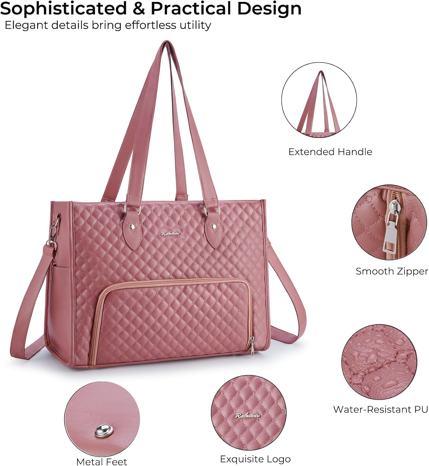 Laptop Tote Bag with Insulated Lunch Compartment for Women, PU Leather 15.6 Inch Work Bag, Elegant Computer Handbag, Versatile Business Tote for Office,Travel or Casual-Mauve Pink - Image 6
