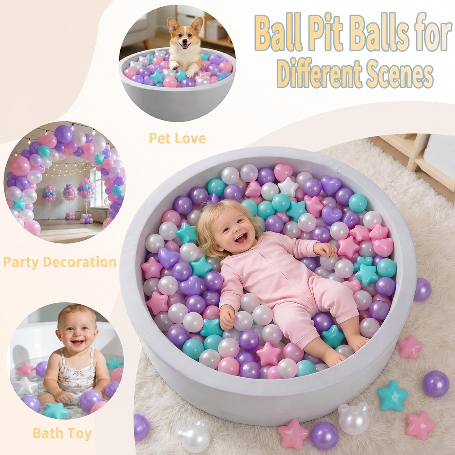 TRENDPLAY Ball Pit Balls Star Bear Heart Shape for Toddlers 50 100 200, Plastic Toy Balls for Boys Girls