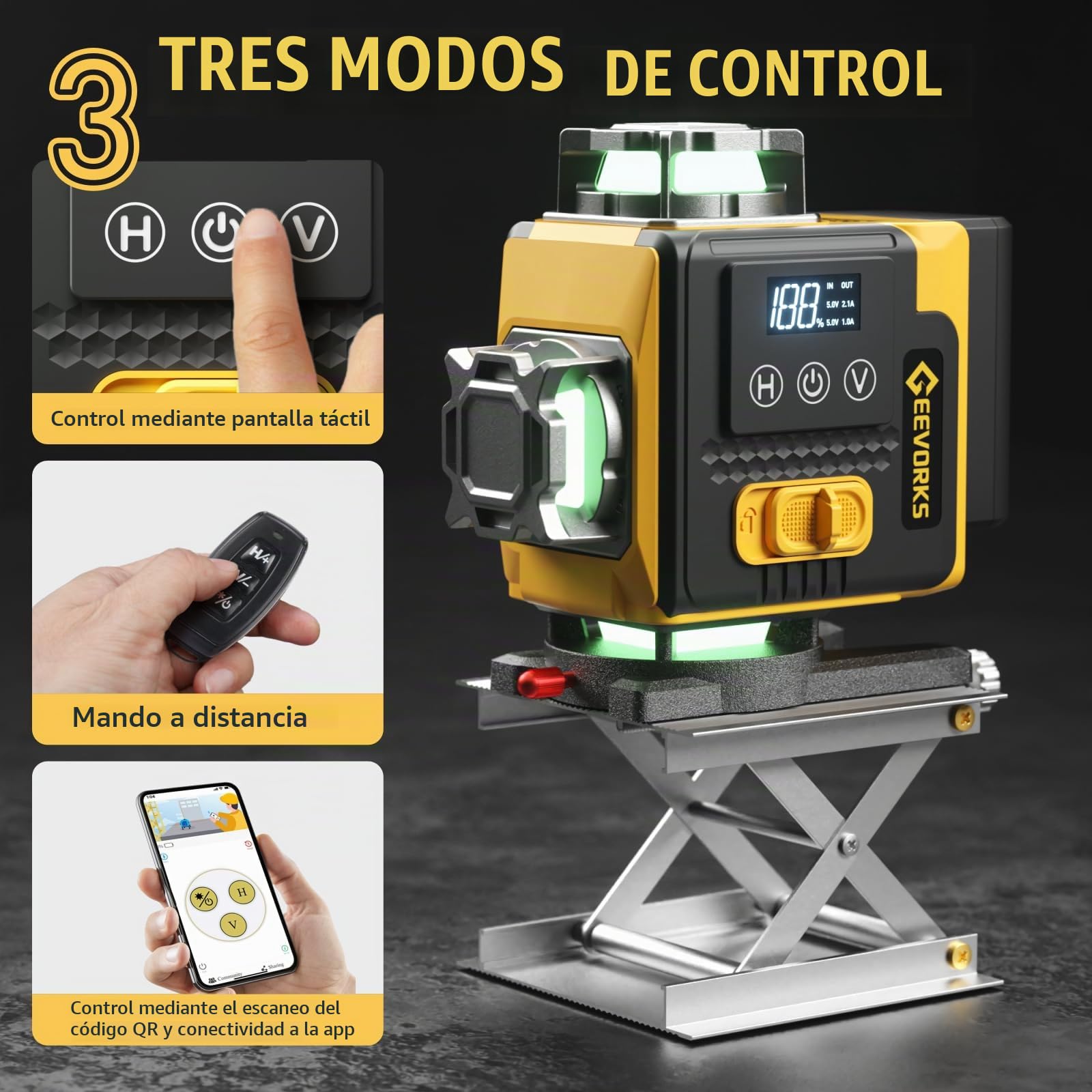 Geevorks Nivel Láser Autonivelante con Tripode,Nivel Laser Autonivelante 360 Grados 16 Líneas, Autonivelante de 3°,Alta Precisión,Pantalla Digital,2 * 2400 mAh Batería,Mando a Distancia
