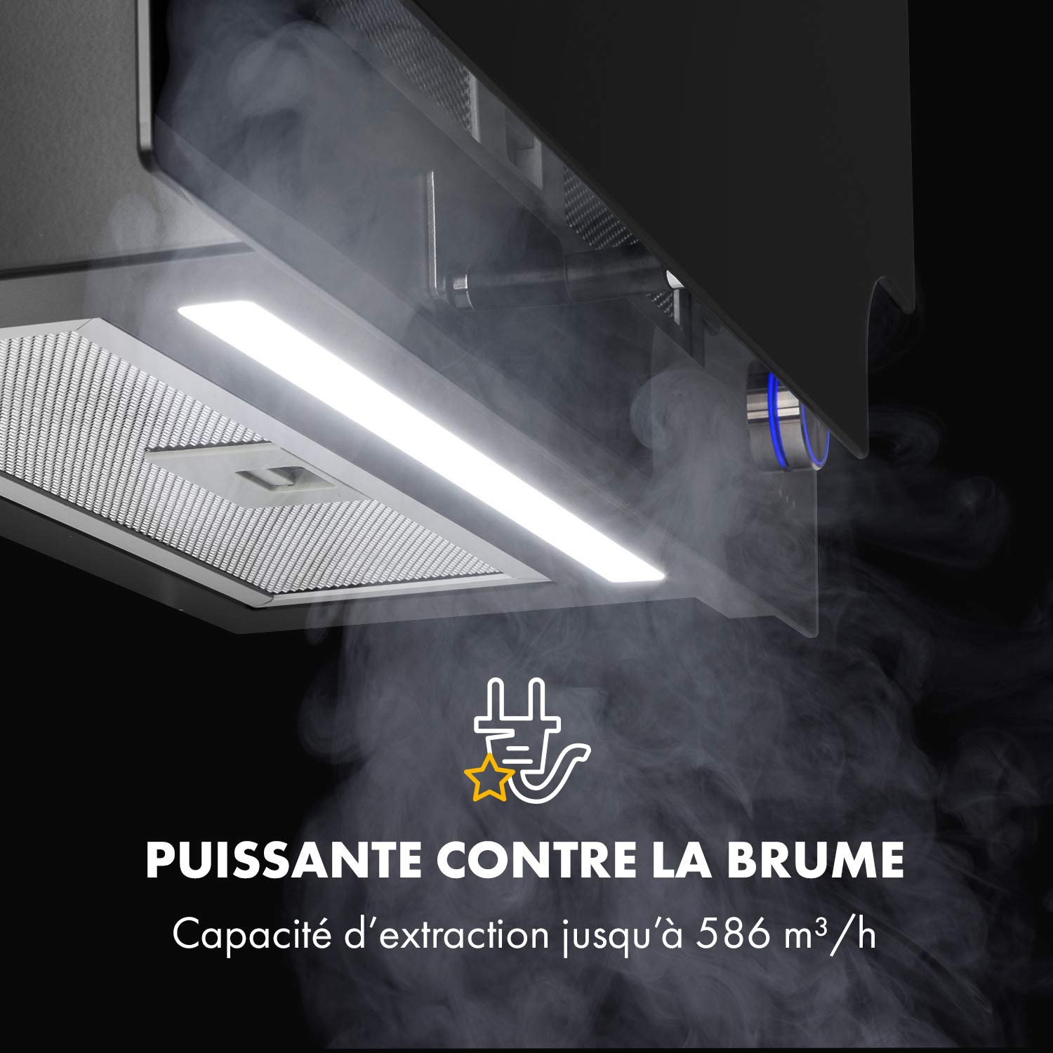 Klarstein Amelia - Hotte aspirante, Hotte inclinée dégagée, Design plat, 123 W, 586 m³/h, Éclairage LED : 3 W, 3 niveaux de puissance, Bouton rotatif tactile éclairé, 60 x 47 x 23,5 cm, noir