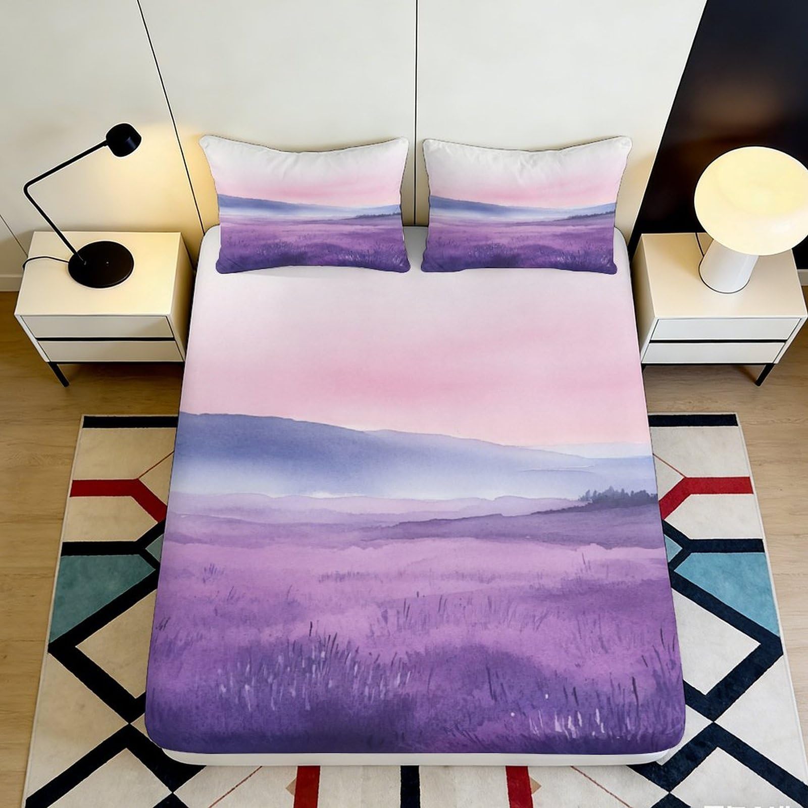 3D Printed Lavender Field Fitted Sheet Microfiber Soft Pastel Sunset Mattress Cover Non-Slip Machine Washable for Bedroom Decor 140x200x25cm