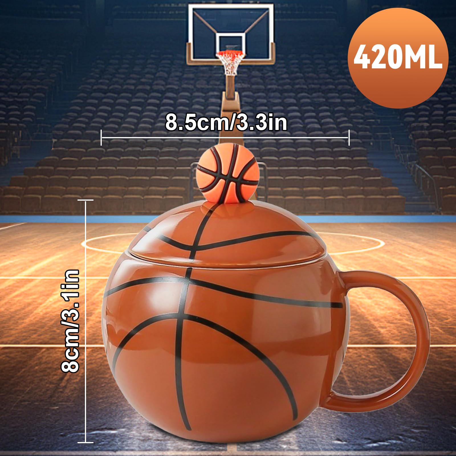 ZONSUSE Taza de Café Baloncesto, Divertida Taza Esférica, Mug Desayuno Creativa, Taza de Baloncesto con Tapa, Baloncesto Regalos Originales para Hombre Mujer Niño 420ml (Basketball A-Sin Cuchara)