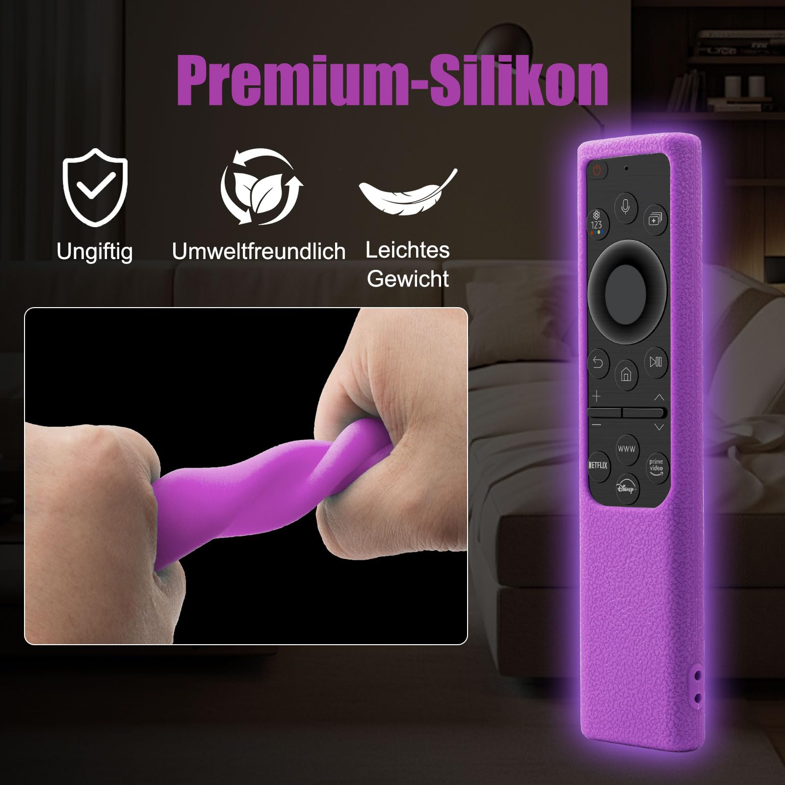 2er Set Silikon Schutzhülle für Samsung Fernbedienung BN59-01357/BN59-01385/BN59-01388A/01388H/01388L/BN59-01393C rutschfeste Fernbedienungshülle mit Nachtleuchtfunktion (Rosa+Lila)