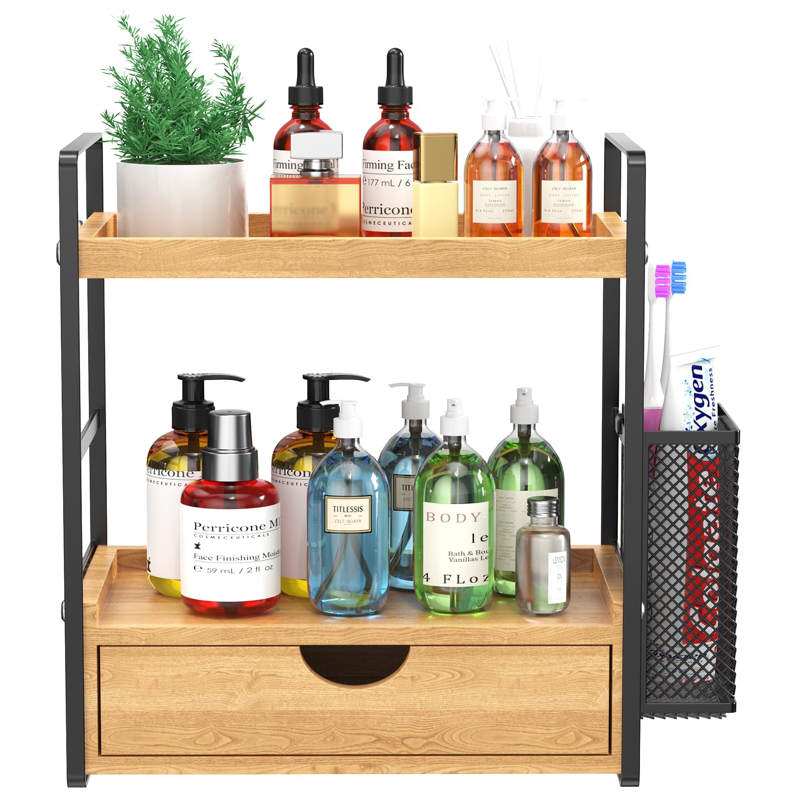 LEMIKKLE 2-Tier Bathroom Organizer with Drawers and Baskets, Multi-Purpose Makeup Organizer Countertop, Large Skincare Organizers, Exquisite Vanity