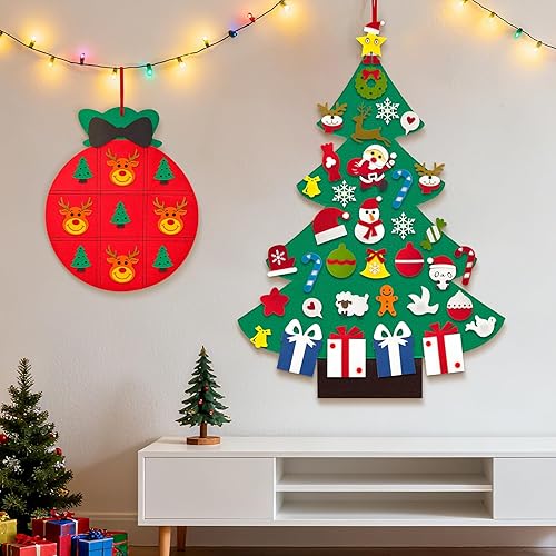 Miniatura 11 de Árbol de Navidad de fieltro de 3 pies para niños con 31 adornos desmontables, decoración de Navidad para colgar en la pared con tira de luces